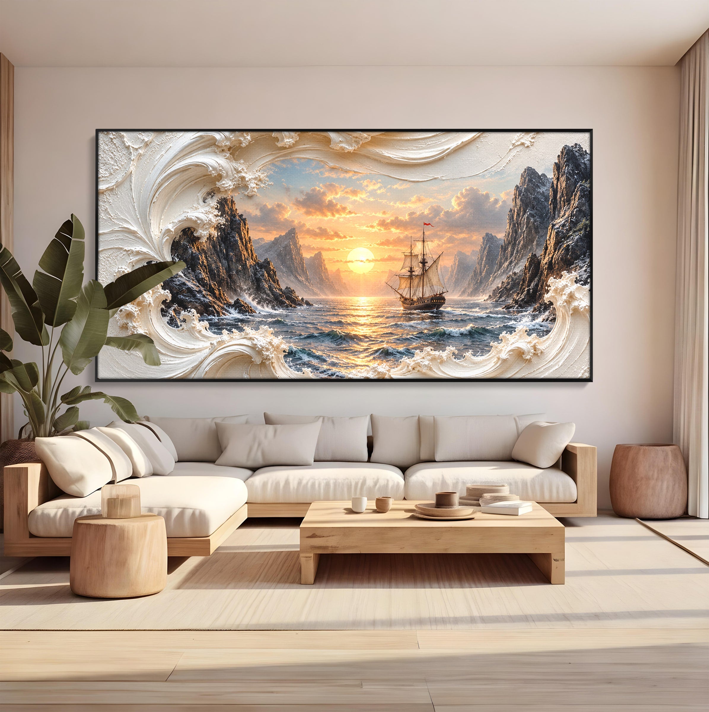 Tablou Canvas Premium LuxCanva® U1169, Corabie La Apus, Mare, Peisaj Marin, Corabie, Apus, Living, Culori Vibrante
