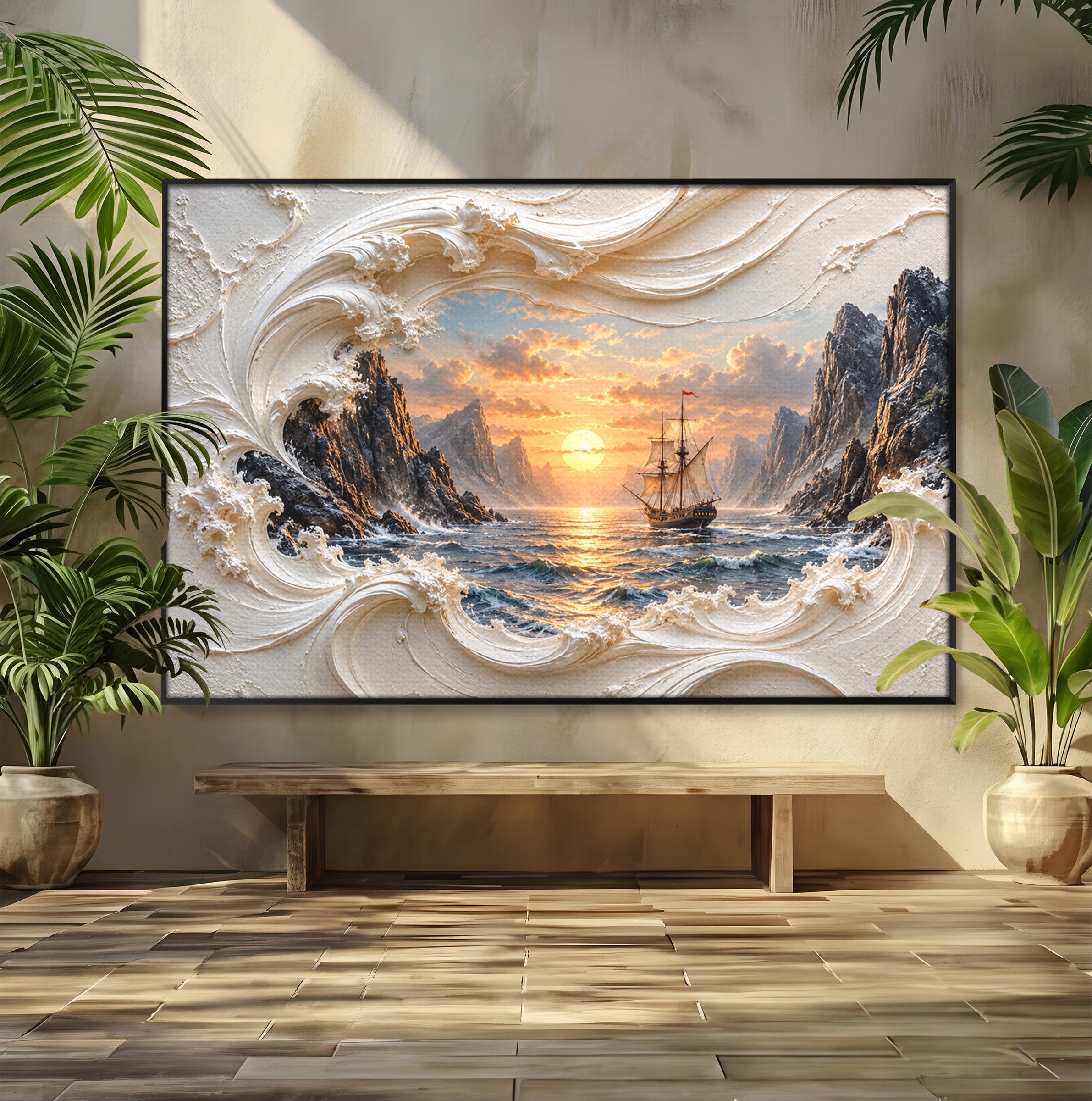 Tablou Canvas Premium LuxCanva® U1169, Corabie La Apus, Mare, Peisaj Marin, Corabie, Apus, Living, Culori Vibrante