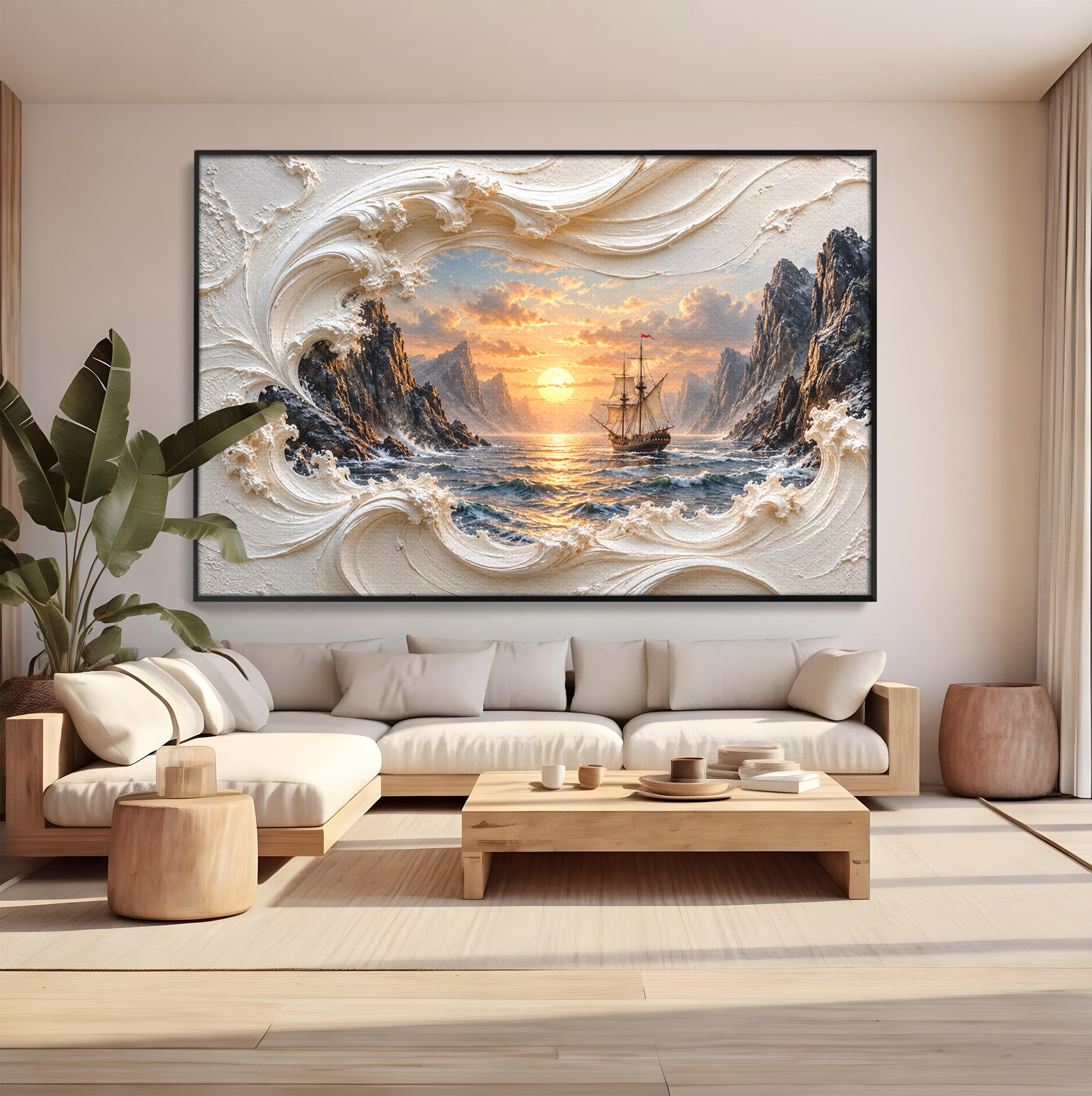 Tablou Canvas Premium LuxCanva® U1169, Corabie La Apus, Mare, Peisaj Marin, Corabie, Apus, Living, Culori Vibrante