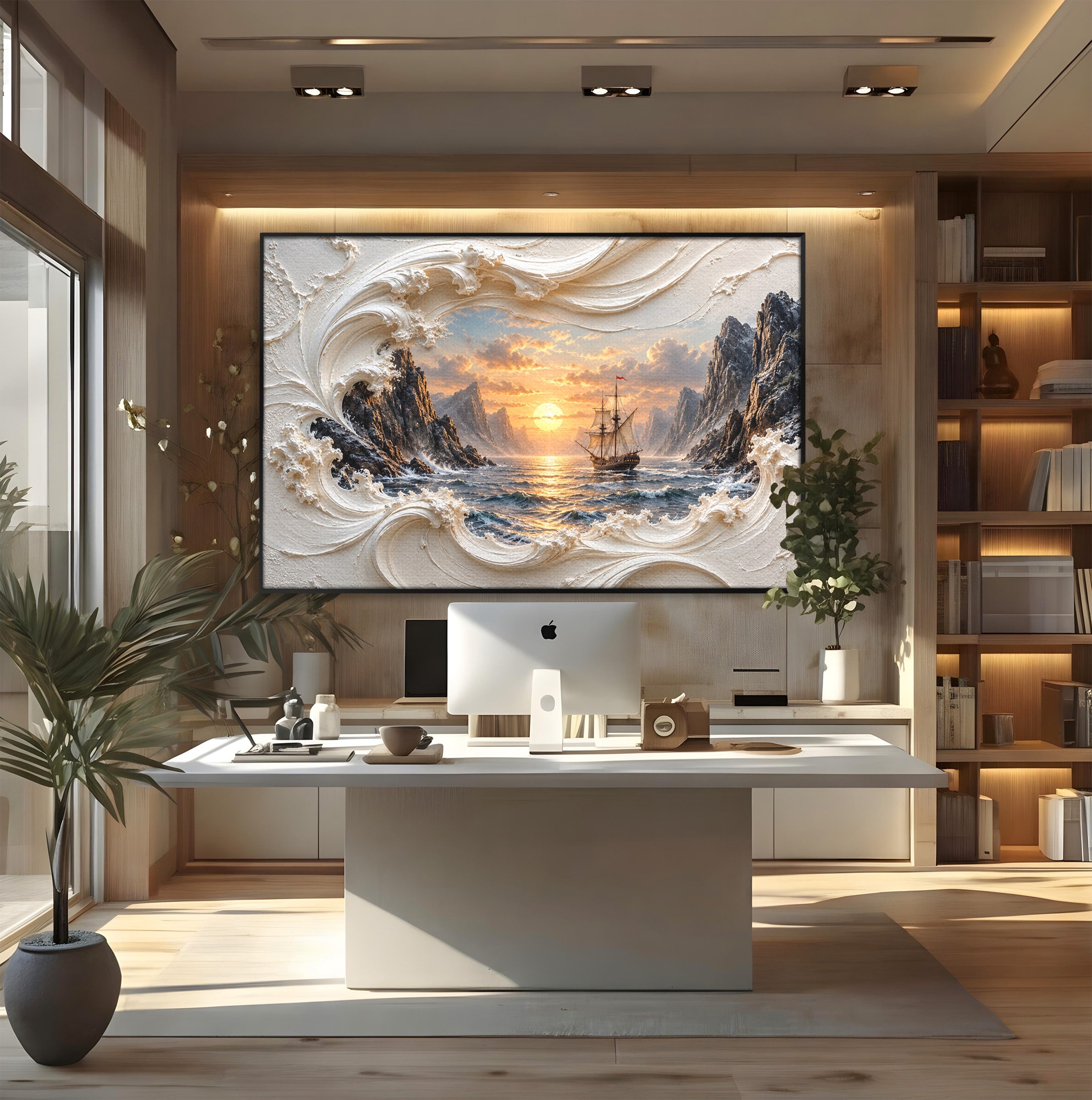 Tablou Canvas Premium LuxCanva® U1169, Corabie La Apus, Mare, Peisaj Marin, Corabie, Apus, Living, Culori Vibrante