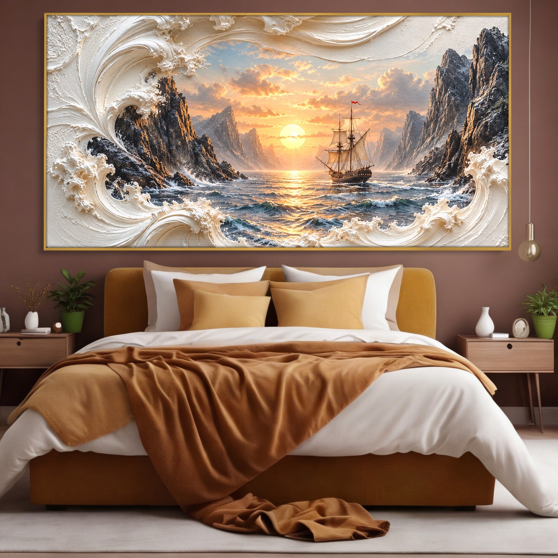 Tablou Canvas Premium LuxCanva® U1169, Corabie La Apus, Mare, Peisaj Marin, Corabie, Apus, Living, Culori Vibrante