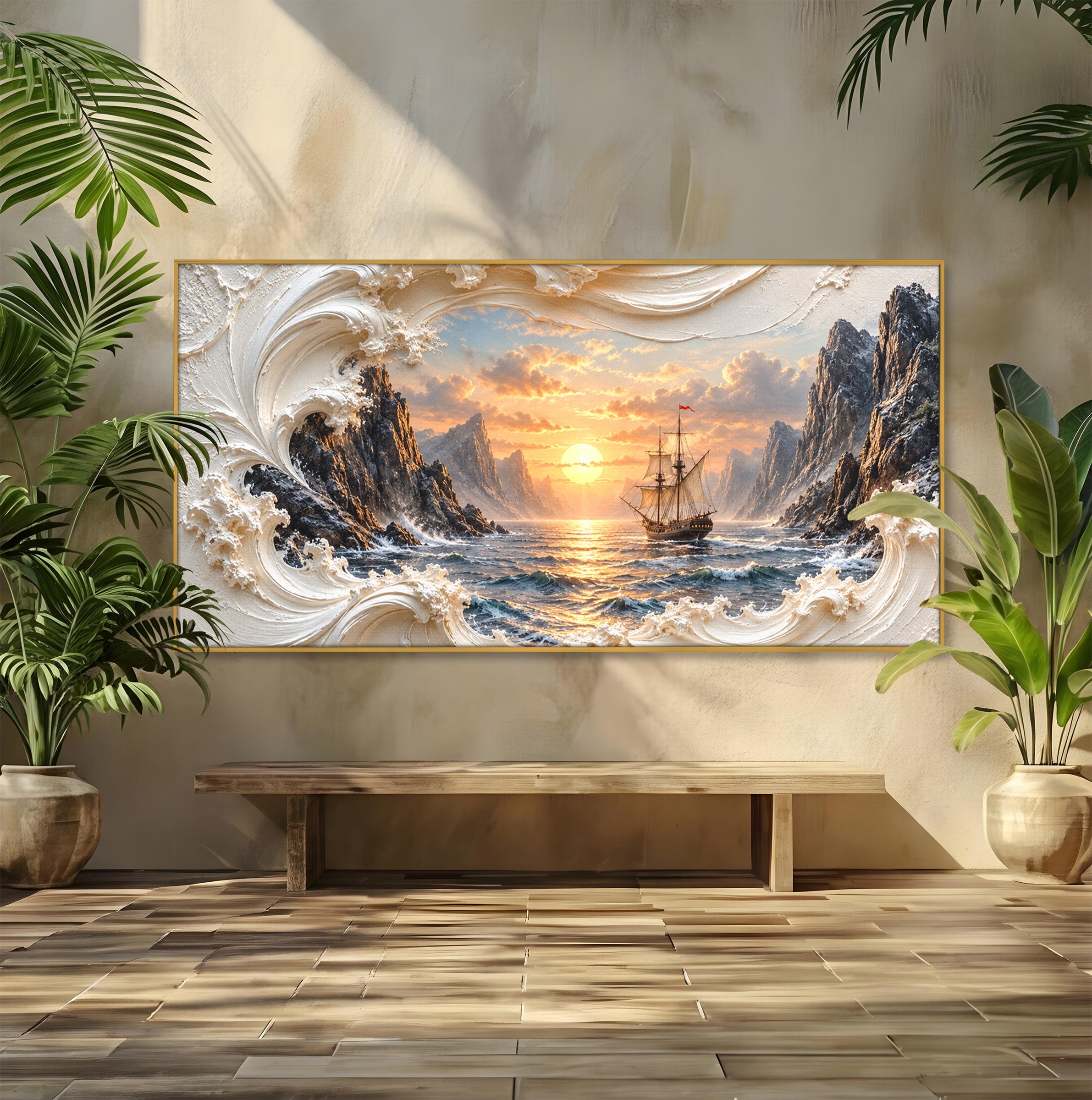 Tablou Canvas Premium LuxCanva® U1169, Corabie La Apus, Mare, Peisaj Marin, Corabie, Apus, Living, Culori Vibrante