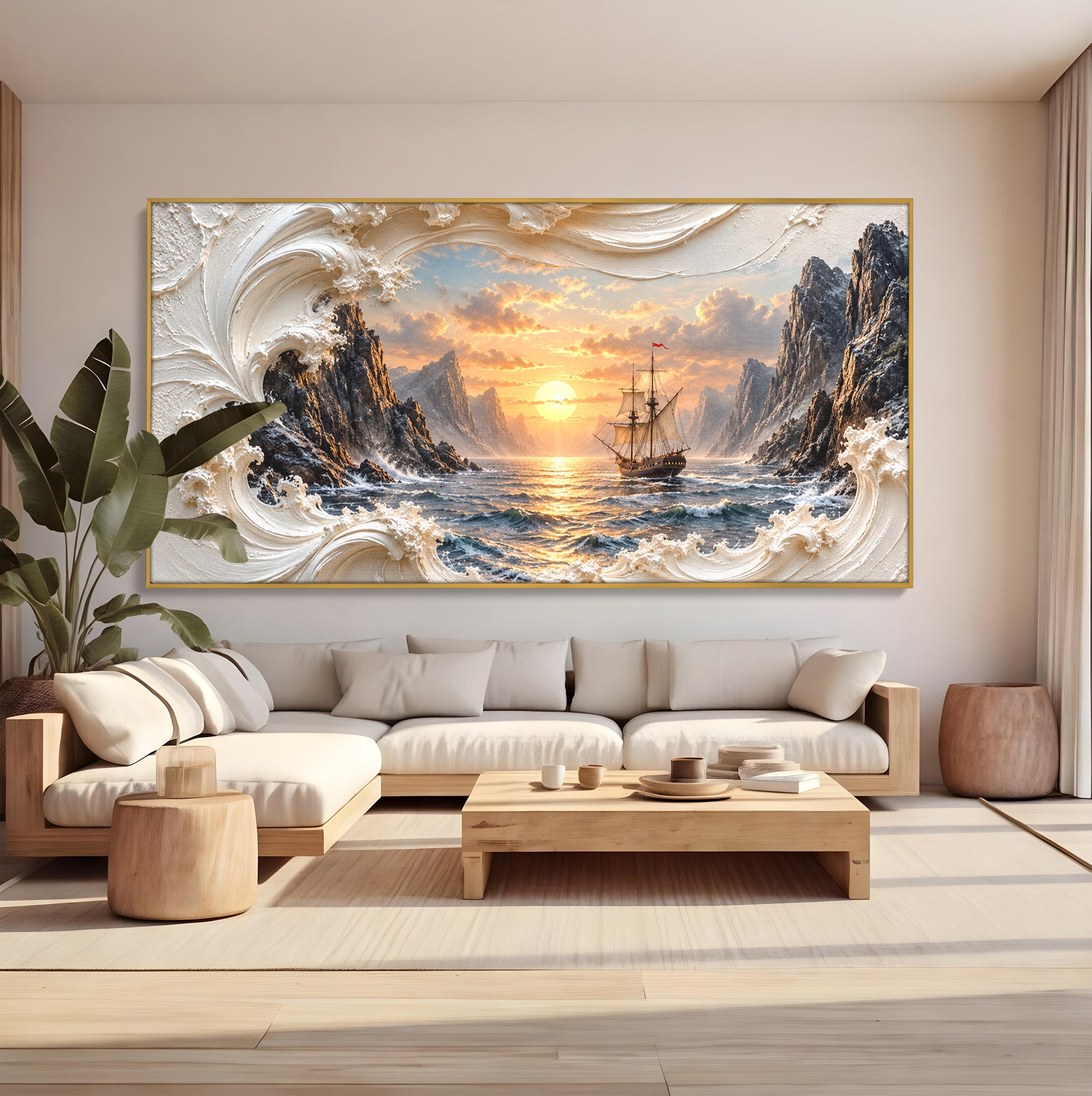 Tablou Canvas Premium LuxCanva® U1169, Corabie La Apus, Mare, Peisaj Marin, Corabie, Apus, Living, Culori Vibrante