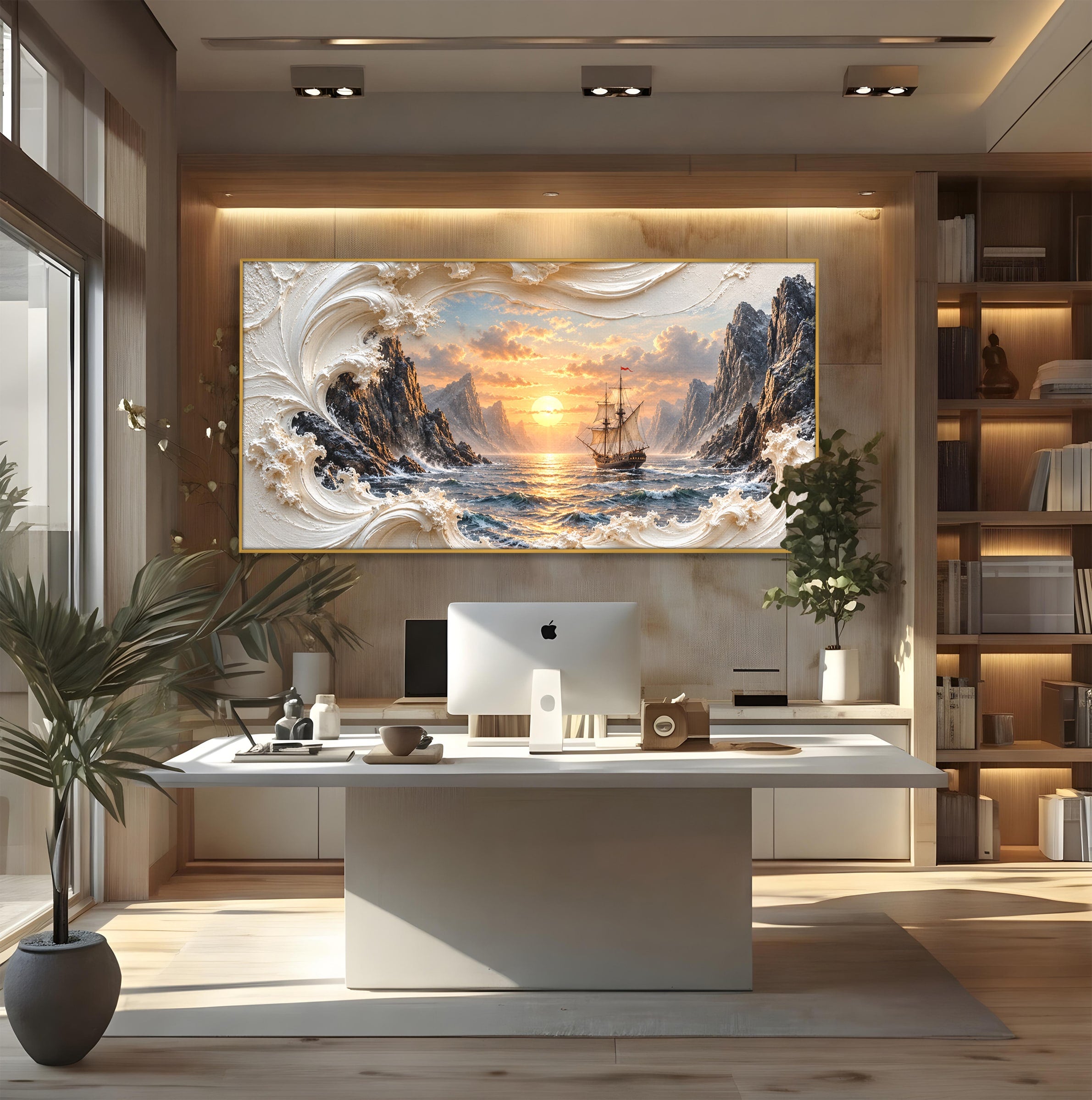 Tablou Canvas Premium LuxCanva® U1169, Corabie La Apus, Mare, Peisaj Marin, Corabie, Apus, Living, Culori Vibrante