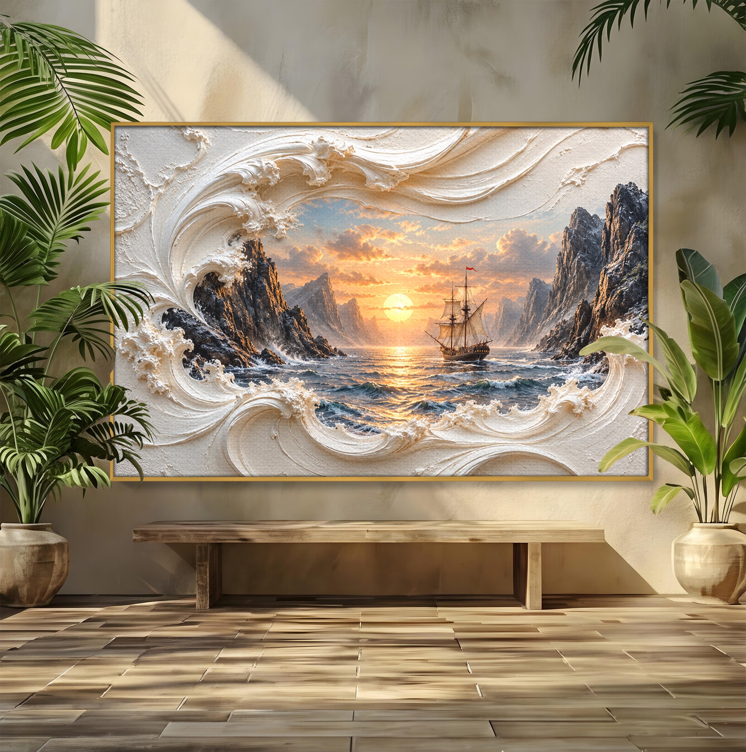 Tablou Canvas Premium LuxCanva® U1169, Corabie La Apus, Mare, Peisaj Marin, Corabie, Apus, Living, Culori Vibrante