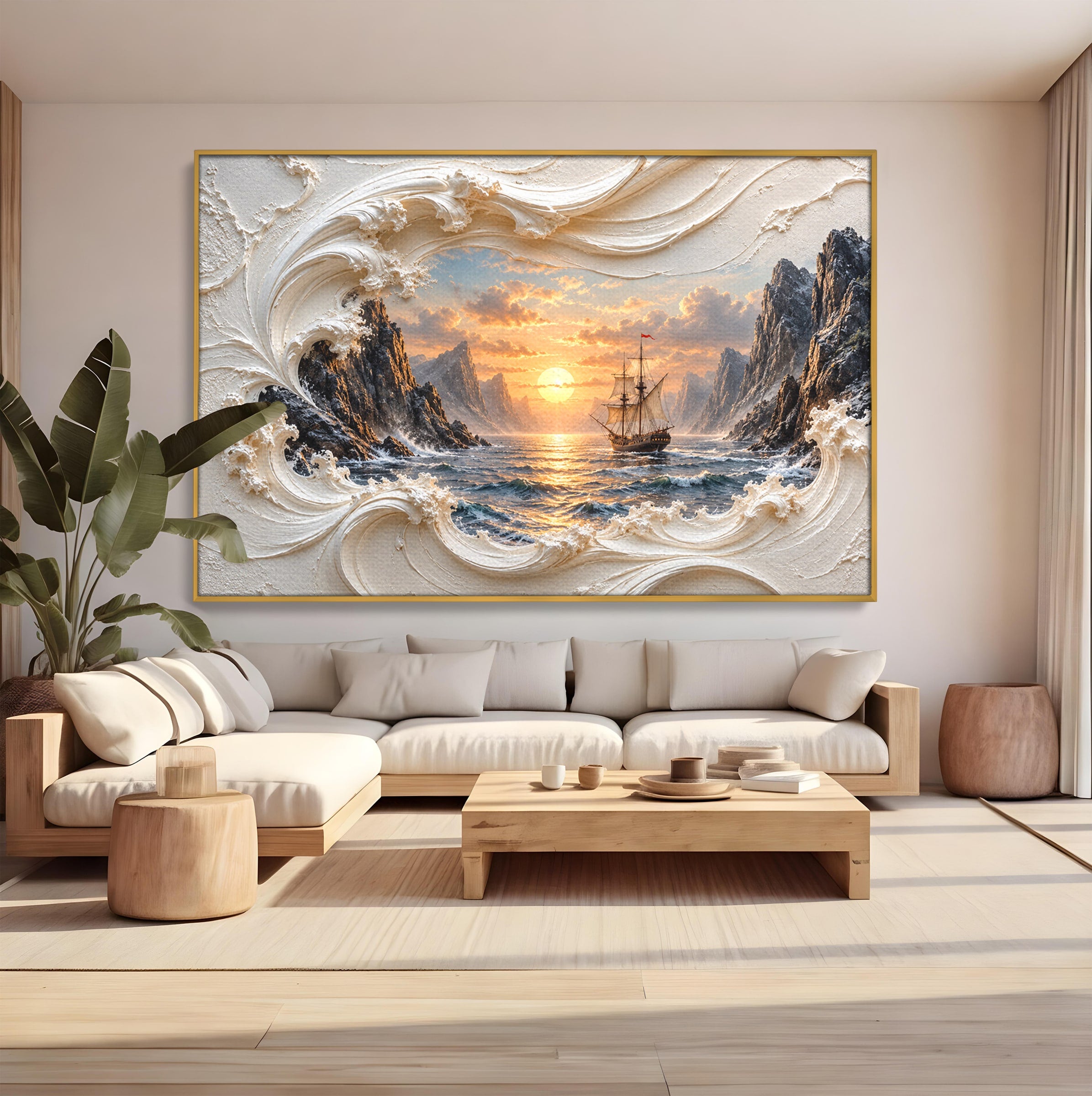 Tablou Canvas Premium LuxCanva® U1169, Corabie La Apus, Mare, Peisaj Marin, Corabie, Apus, Living, Culori Vibrante