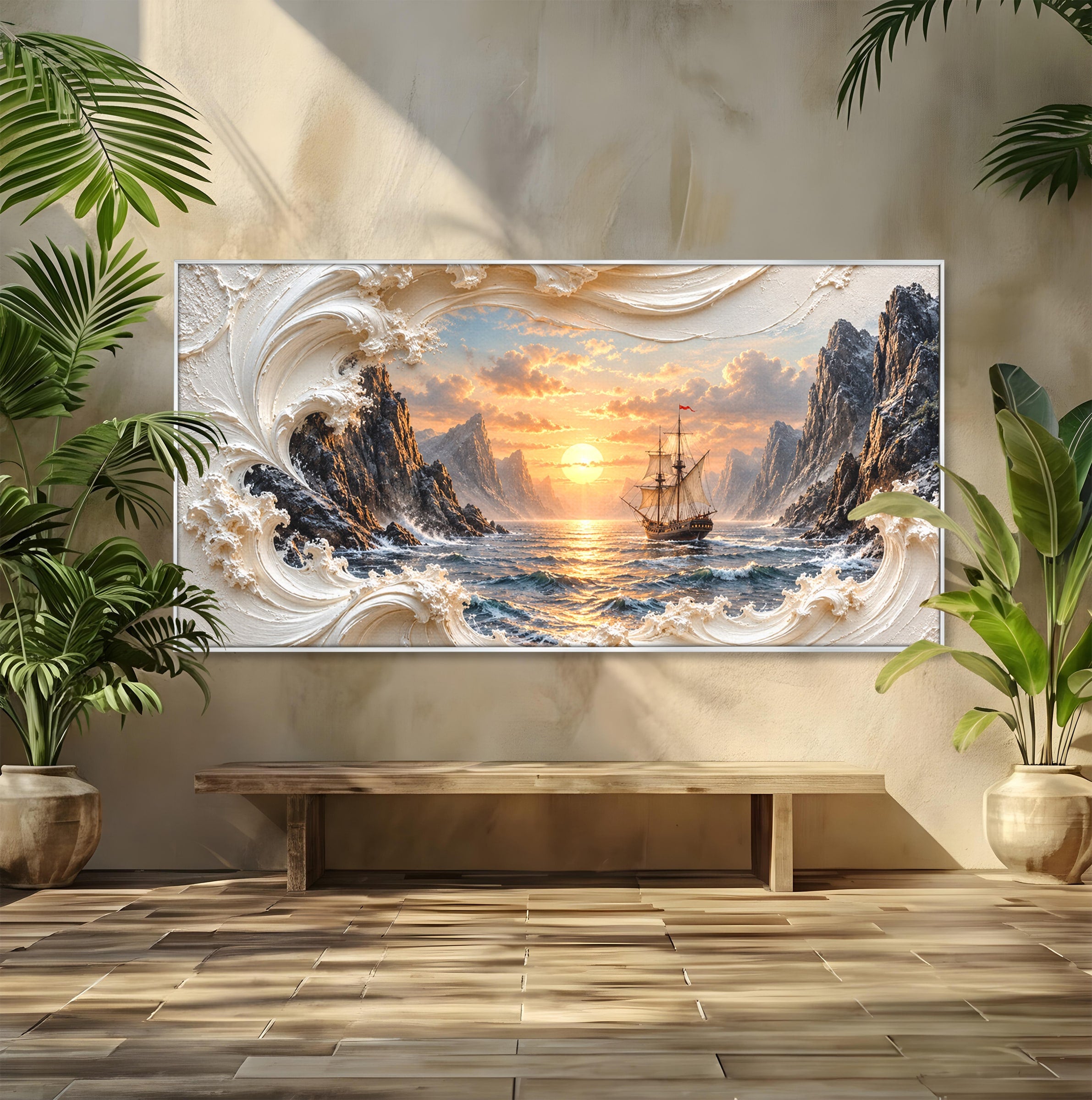 Tablou Canvas Premium LuxCanva® U1169, Corabie La Apus, Mare, Peisaj Marin, Corabie, Apus, Living, Culori Vibrante