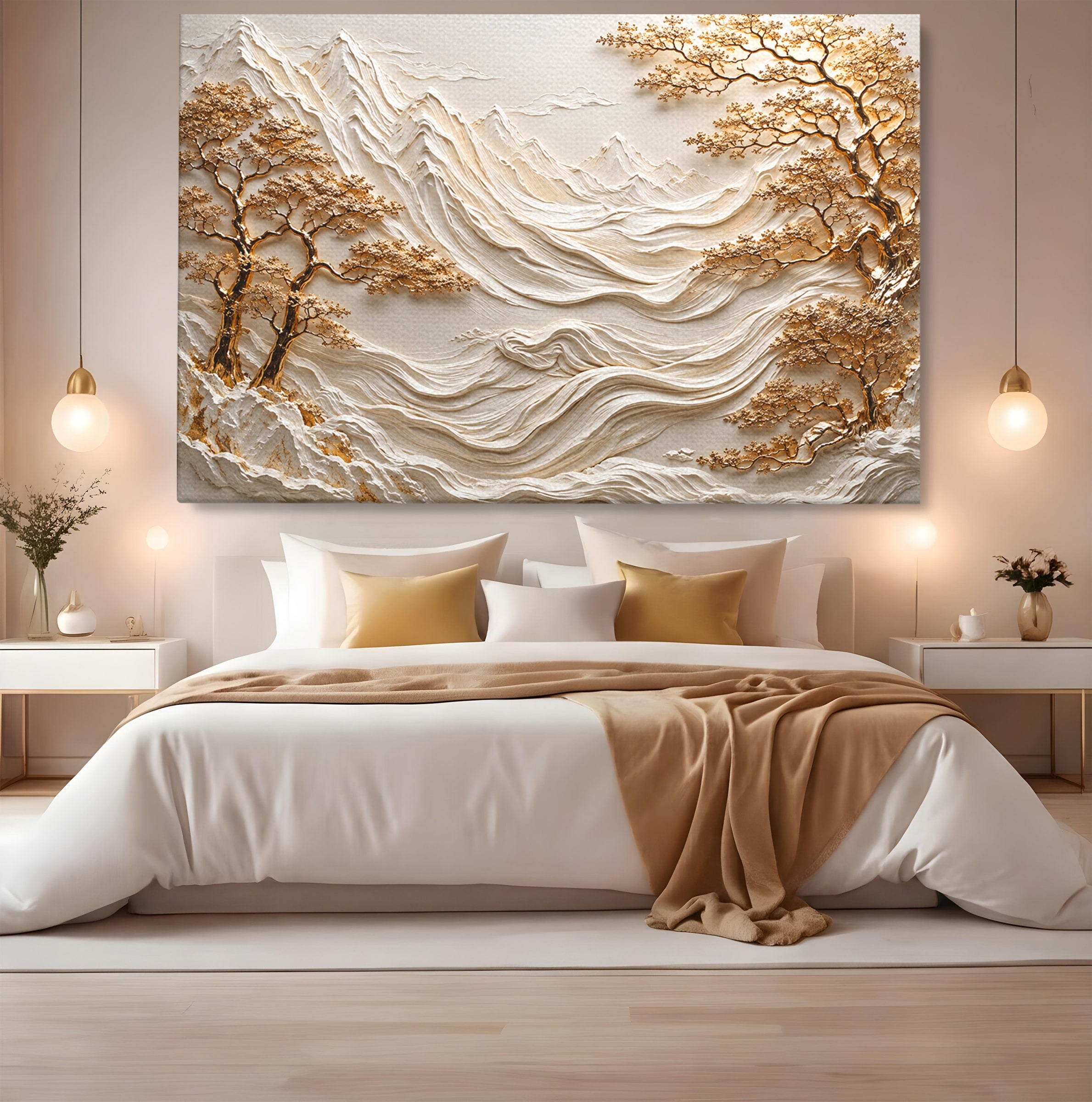 Tablou Canvas Premium LuxCanva® U1173, Peisaj Montan Aurit, Munti, Arta, Eleganta, Peisaj, Living, Culori Vibrante