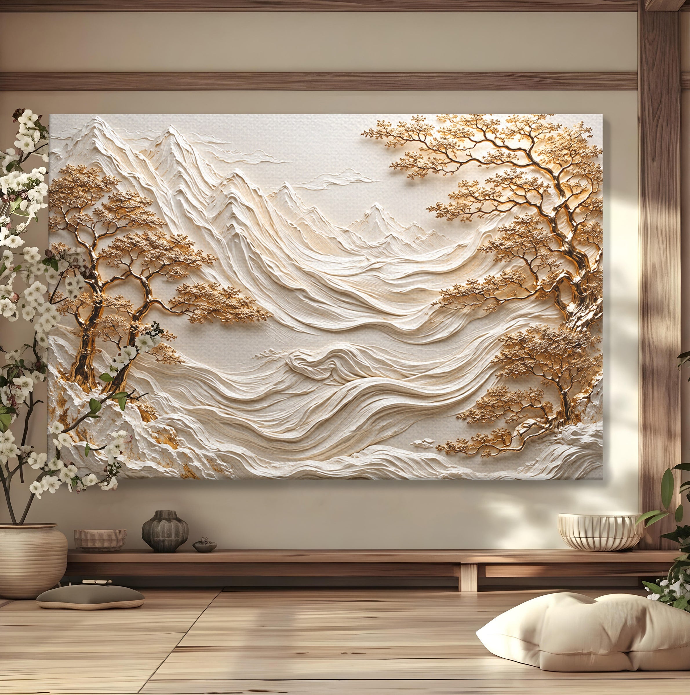 Tablou Canvas Premium LuxCanva® U1173, Peisaj Montan Aurit, Munti, Arta, Eleganta, Peisaj, Living, Culori Vibrante