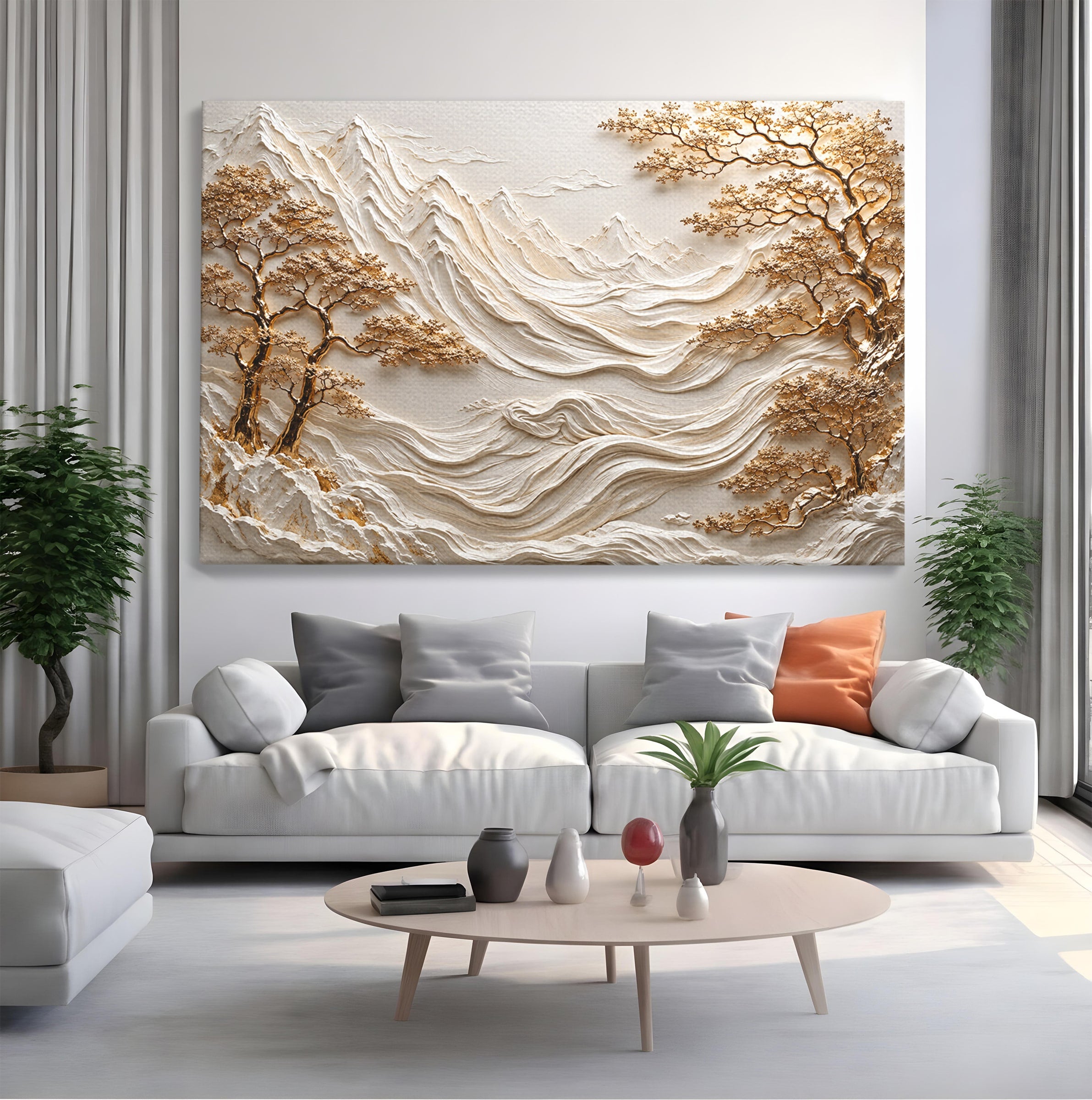 Tablou Canvas Premium LuxCanva® U1173, Peisaj Montan Aurit, Munti, Arta, Eleganta, Peisaj, Living, Culori Vibrante