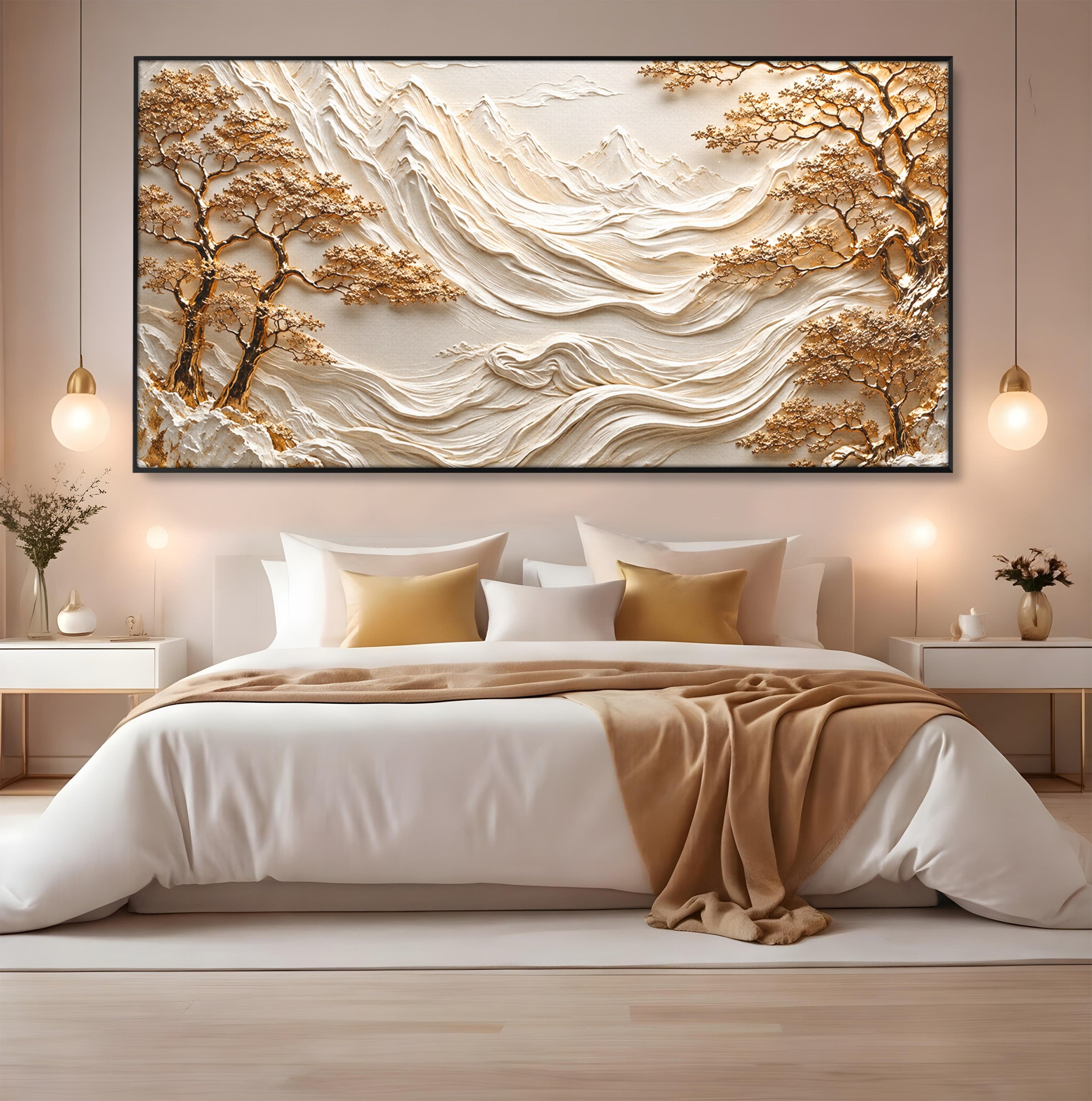 Tablou Canvas Premium LuxCanva® U1173, Peisaj Montan Aurit, Munti, Arta, Eleganta, Peisaj, Living, Culori Vibrante