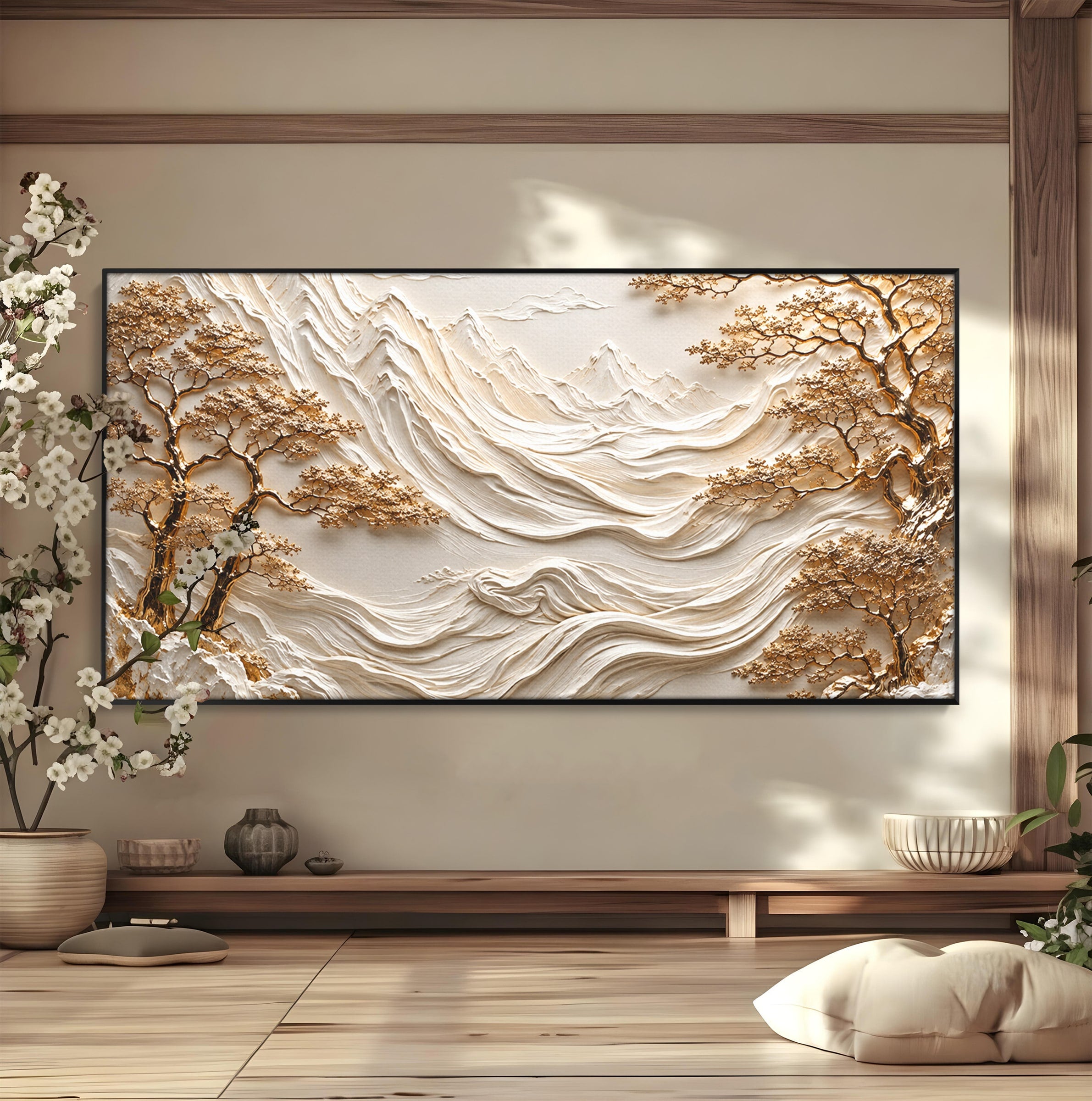 Tablou Canvas Premium LuxCanva® U1173, Peisaj Montan Aurit, Munti, Arta, Eleganta, Peisaj, Living, Culori Vibrante