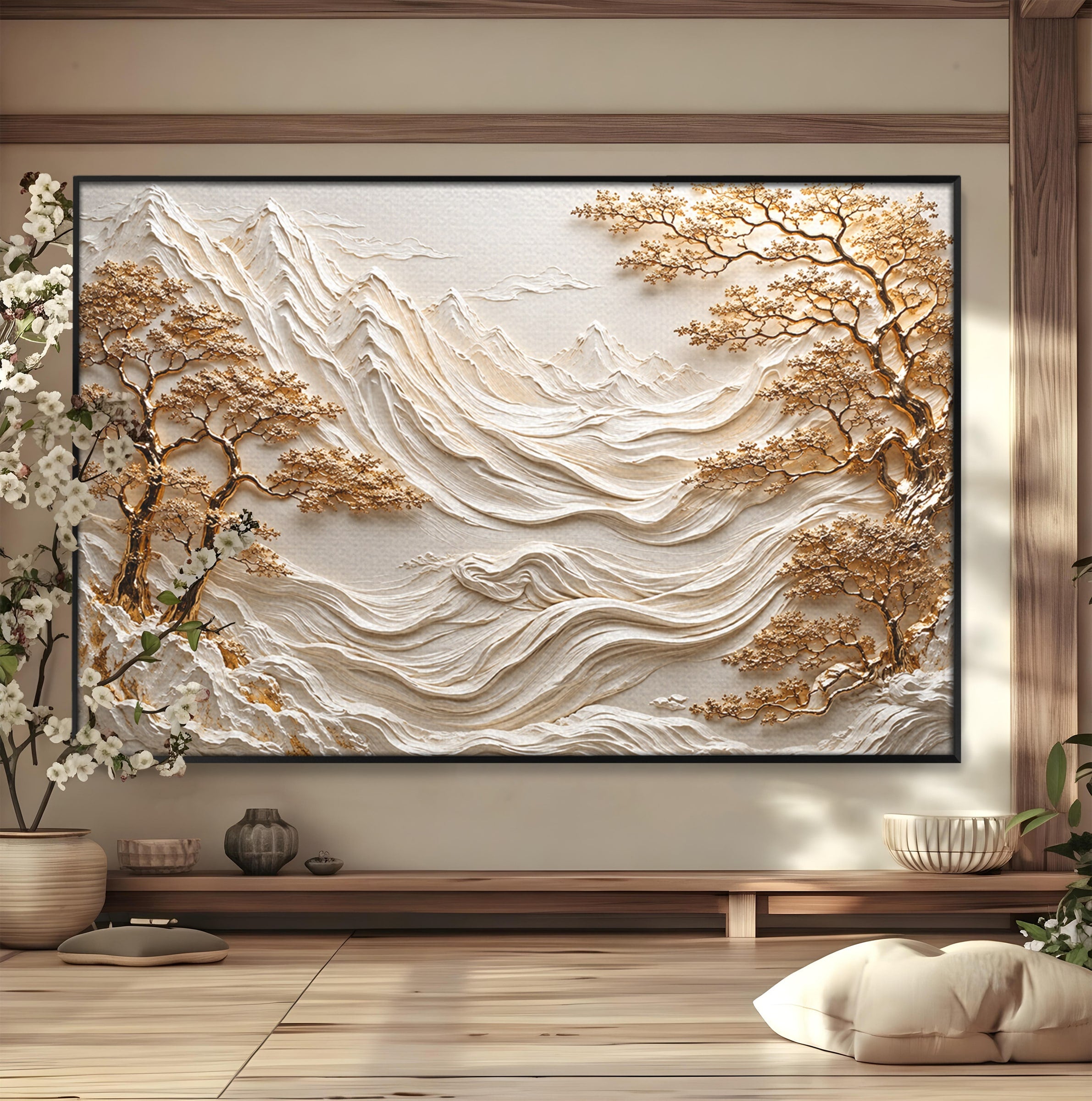 Tablou Canvas Premium LuxCanva® U1173, Peisaj Montan Aurit, Munti, Arta, Eleganta, Peisaj, Living, Culori Vibrante