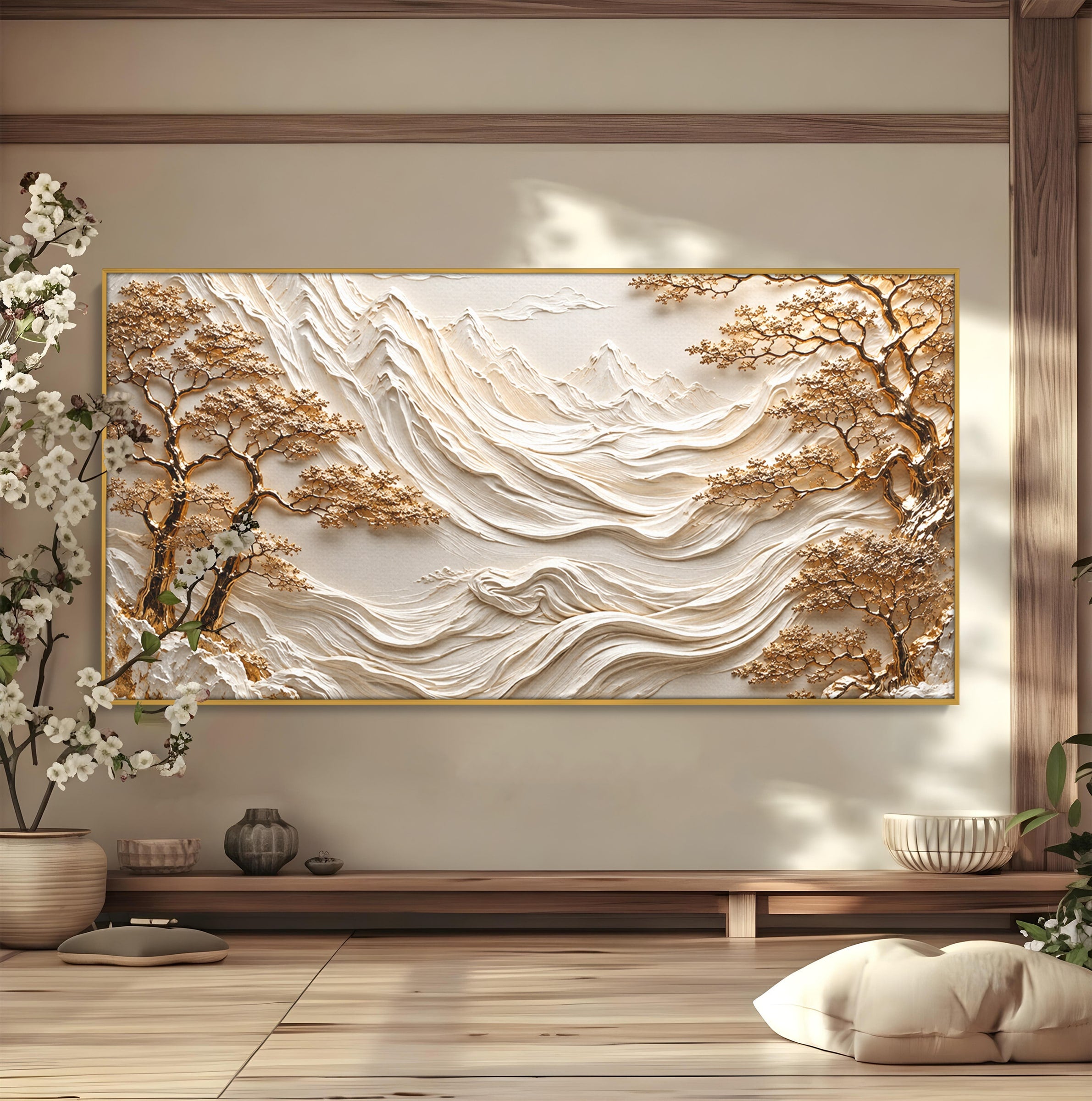 Tablou Canvas Premium LuxCanva® U1173, Peisaj Montan Aurit, Munti, Arta, Eleganta, Peisaj, Living, Culori Vibrante