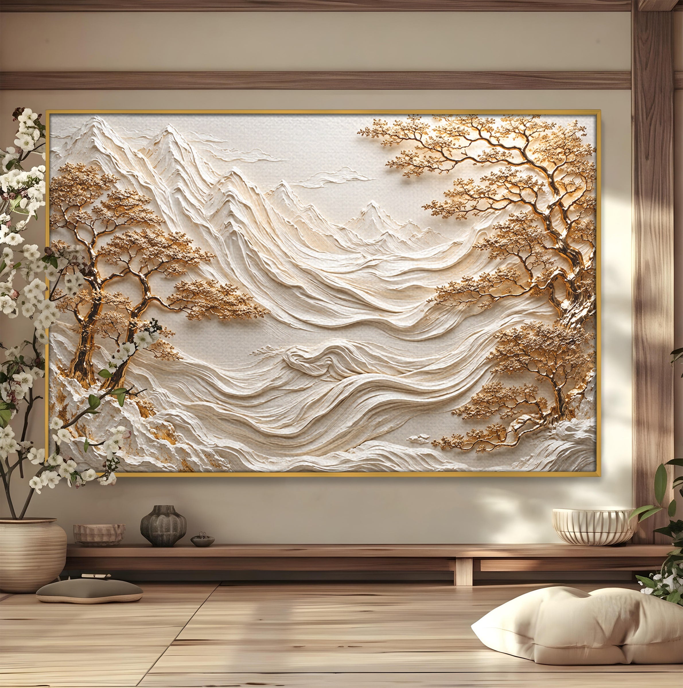 Tablou Canvas Premium LuxCanva® U1173, Peisaj Montan Aurit, Munti, Arta, Eleganta, Peisaj, Living, Culori Vibrante