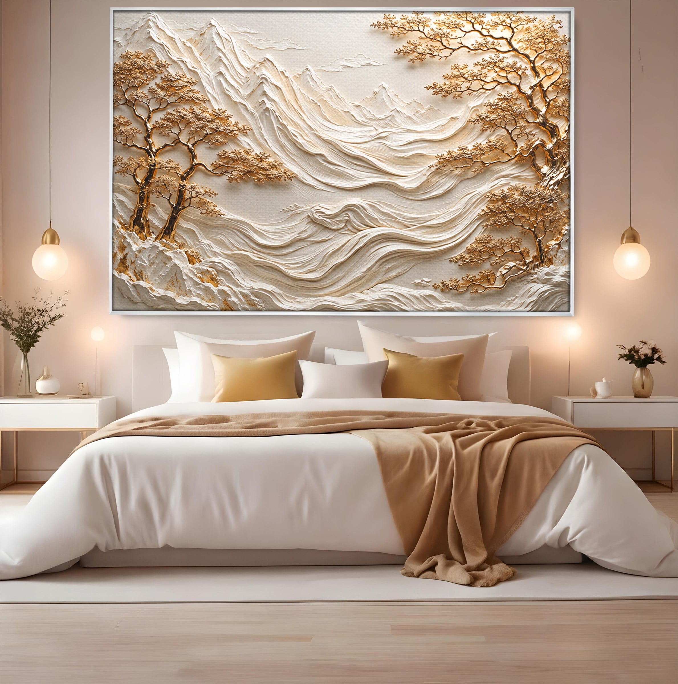 Tablou Canvas Premium LuxCanva® U1173, Peisaj Montan Aurit, Munti, Arta, Eleganta, Peisaj, Living, Culori Vibrante