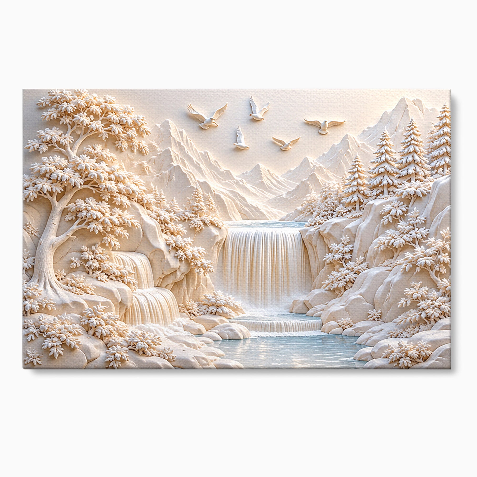 Tablou Canvas Premium LuxCanva® U1174, Peisaj Alpin Serafic, Cascada, Munti, Natura, Pasari, Peisaj, Living, Culori Vibrante