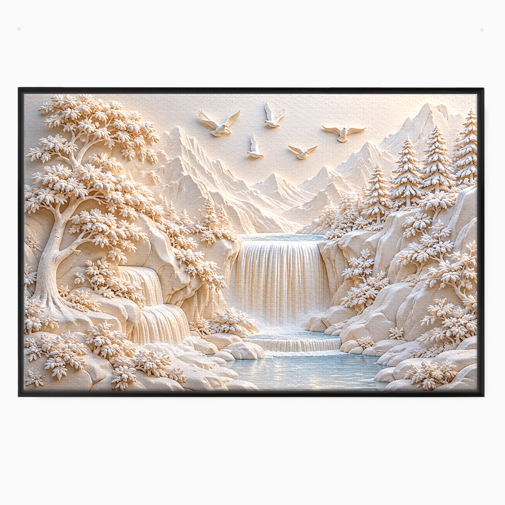 Tablou Canvas Premium LuxCanva® U1174, Peisaj Alpin Serafic, Cascada, Munti, Natura, Pasari, Peisaj, Living, Culori Vibrante