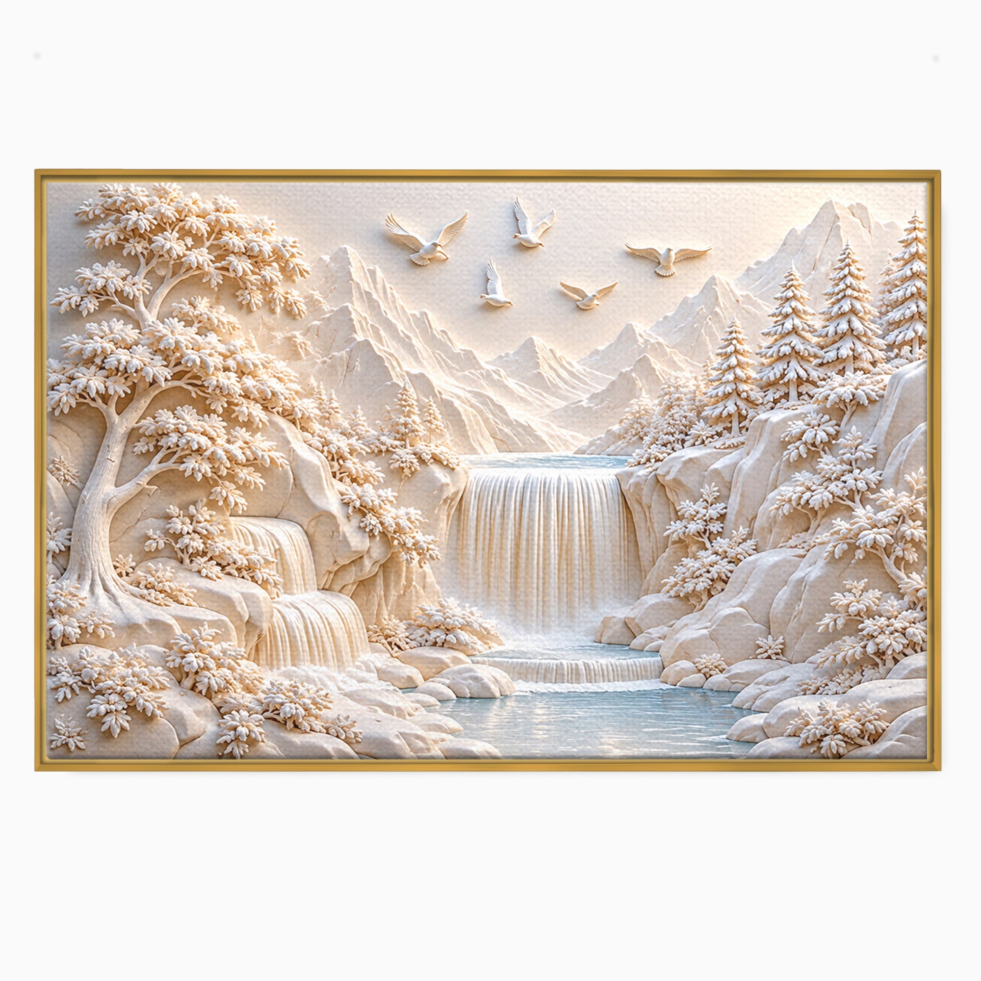 Tablou Canvas Premium LuxCanva® U1174, Peisaj Alpin Serafic, Cascada, Munti, Natura, Pasari, Peisaj, Living, Culori Vibrante