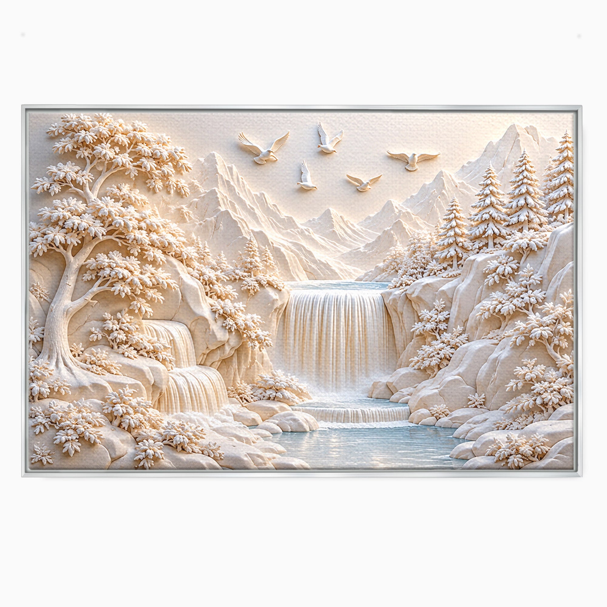 Tablou Canvas Premium LuxCanva® U1174, Peisaj Alpin Serafic, Cascada, Munti, Natura, Pasari, Peisaj, Living, Culori Vibrante