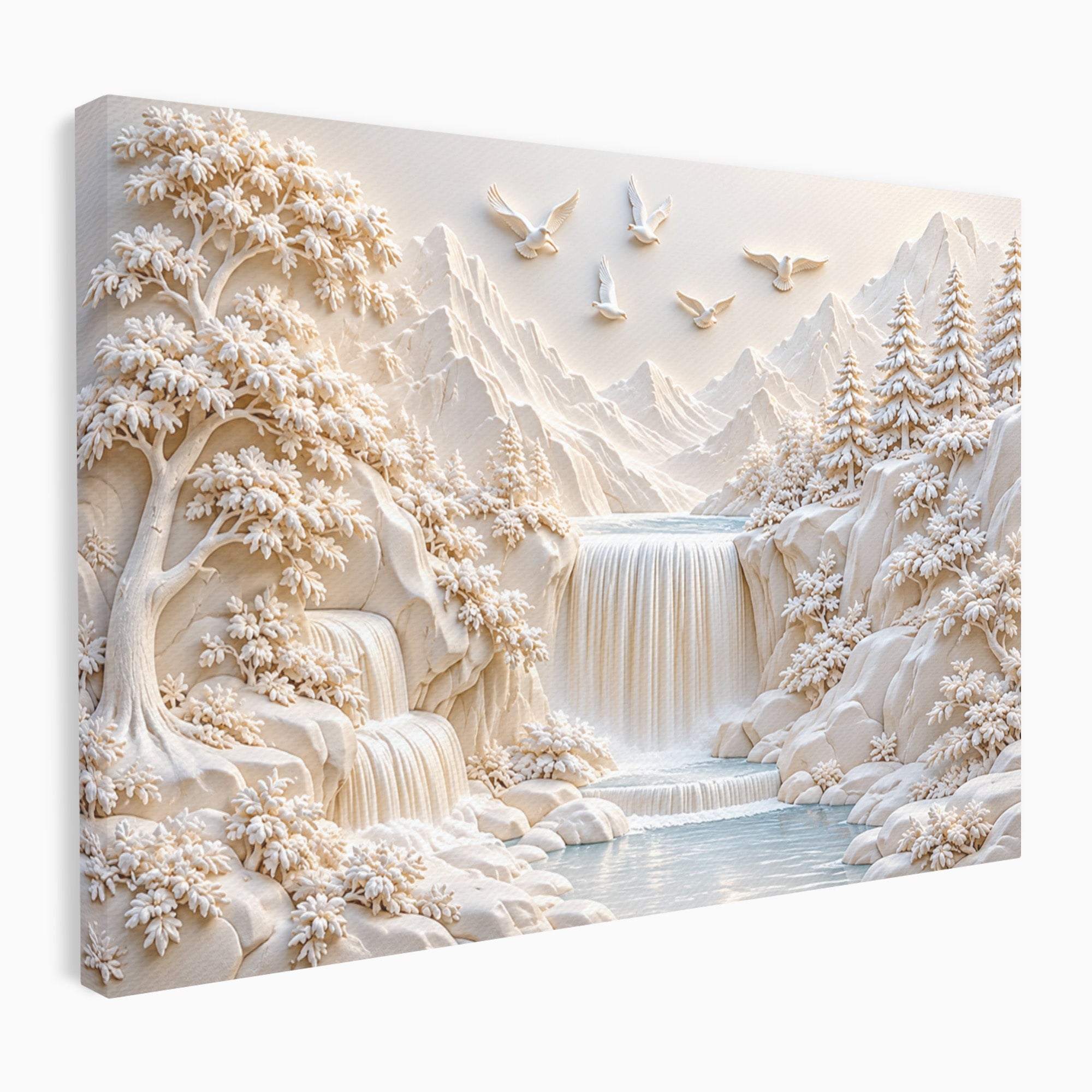 Tablou Canvas Premium LuxCanva® U1174, Peisaj Alpin Serafic, Cascada, Munti, Natura, Pasari, Peisaj, Living, Culori Vibrante