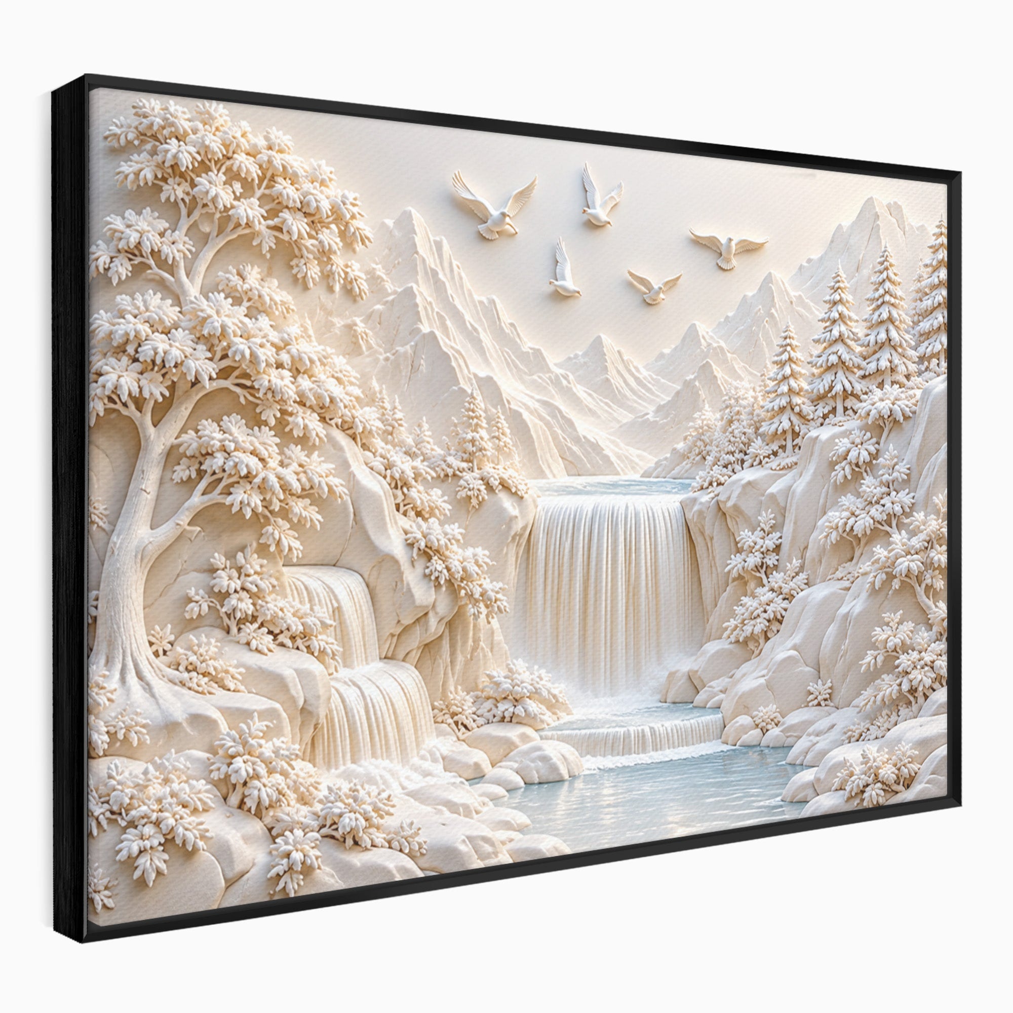 Tablou Canvas Premium LuxCanva® U1174, Peisaj Alpin Serafic, Cascada, Munti, Natura, Pasari, Peisaj, Living, Culori Vibrante