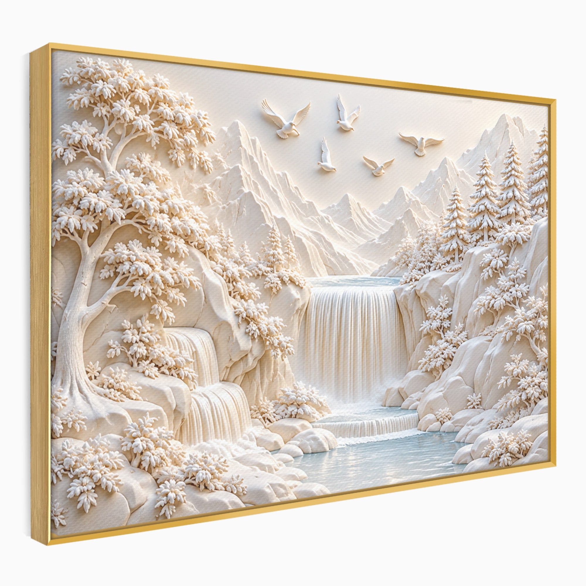 Tablou Canvas Premium LuxCanva® U1174, Peisaj Alpin Serafic, Cascada, Munti, Natura, Pasari, Peisaj, Living, Culori Vibrante