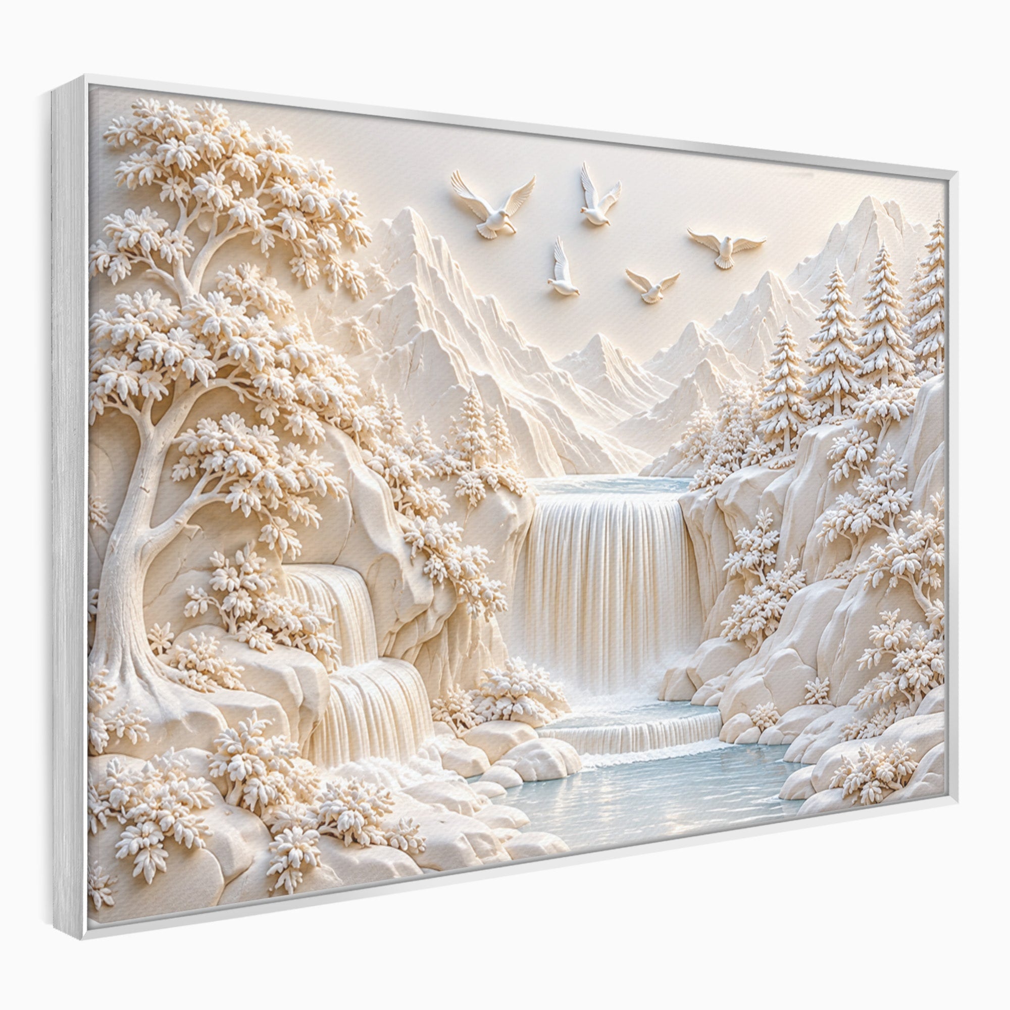 Tablou Canvas Premium LuxCanva® U1174, Peisaj Alpin Serafic, Cascada, Munti, Natura, Pasari, Peisaj, Living, Culori Vibrante