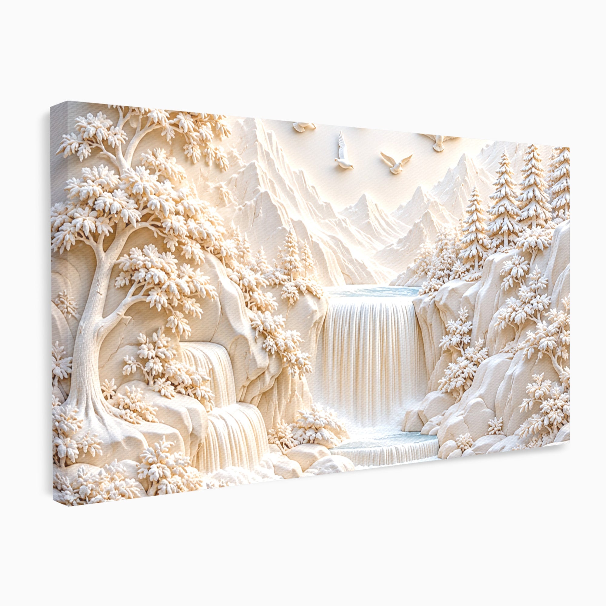 Tablou Canvas Premium LuxCanva® U1174, Peisaj Alpin Serafic, Cascada, Munti, Natura, Pasari, Peisaj, Living, Culori Vibrante