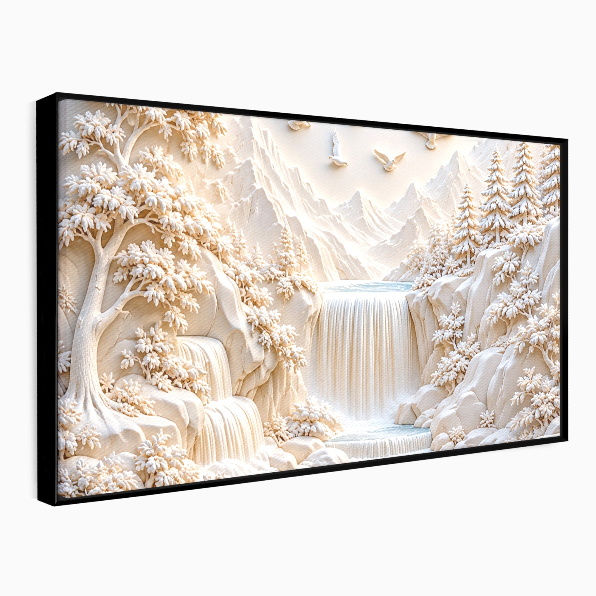 Tablou Canvas Premium LuxCanva® U1174, Peisaj Alpin Serafic, Cascada, Munti, Natura, Pasari, Peisaj, Living, Culori Vibrante