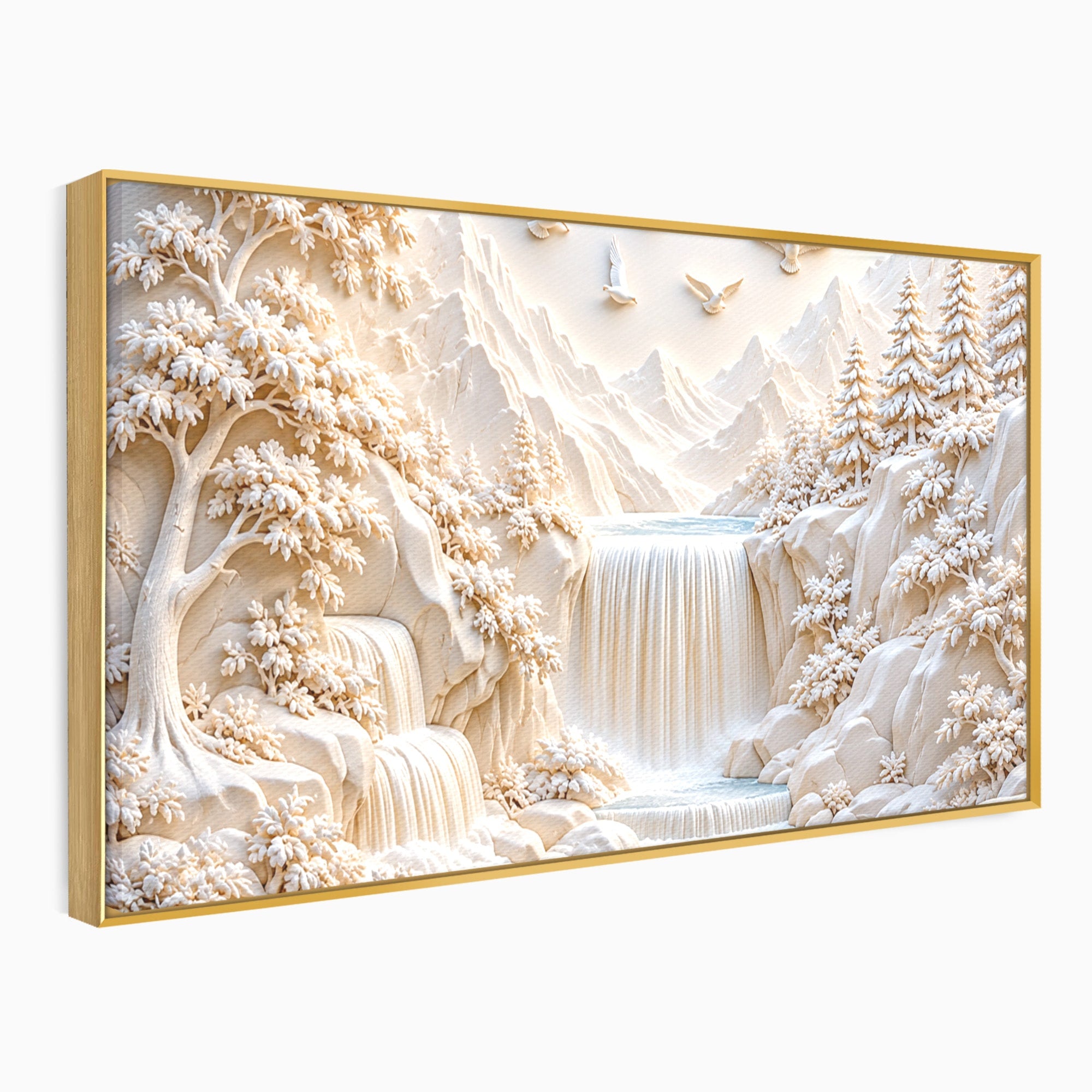 Tablou Canvas Premium LuxCanva® U1174, Peisaj Alpin Serafic, Cascada, Munti, Natura, Pasari, Peisaj, Living, Culori Vibrante