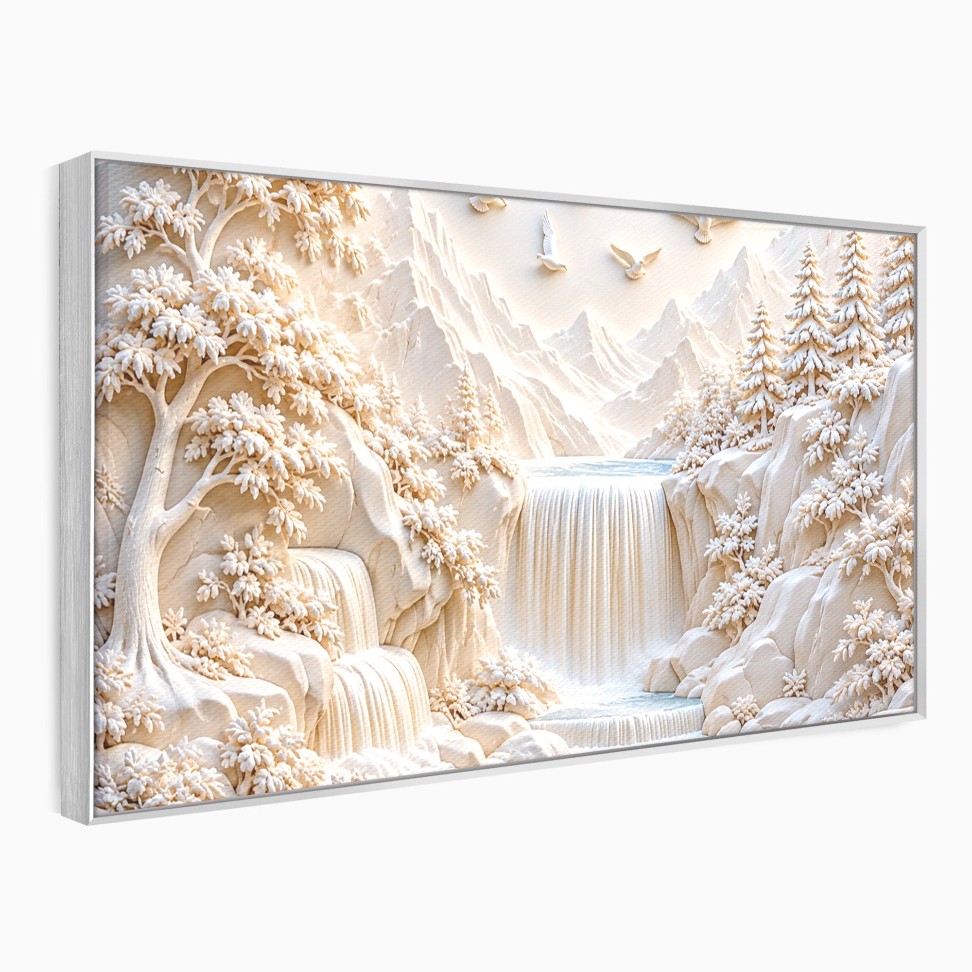 Tablou Canvas Premium LuxCanva® U1174, Peisaj Alpin Serafic, Cascada, Munti, Natura, Pasari, Peisaj, Living, Culori Vibrante