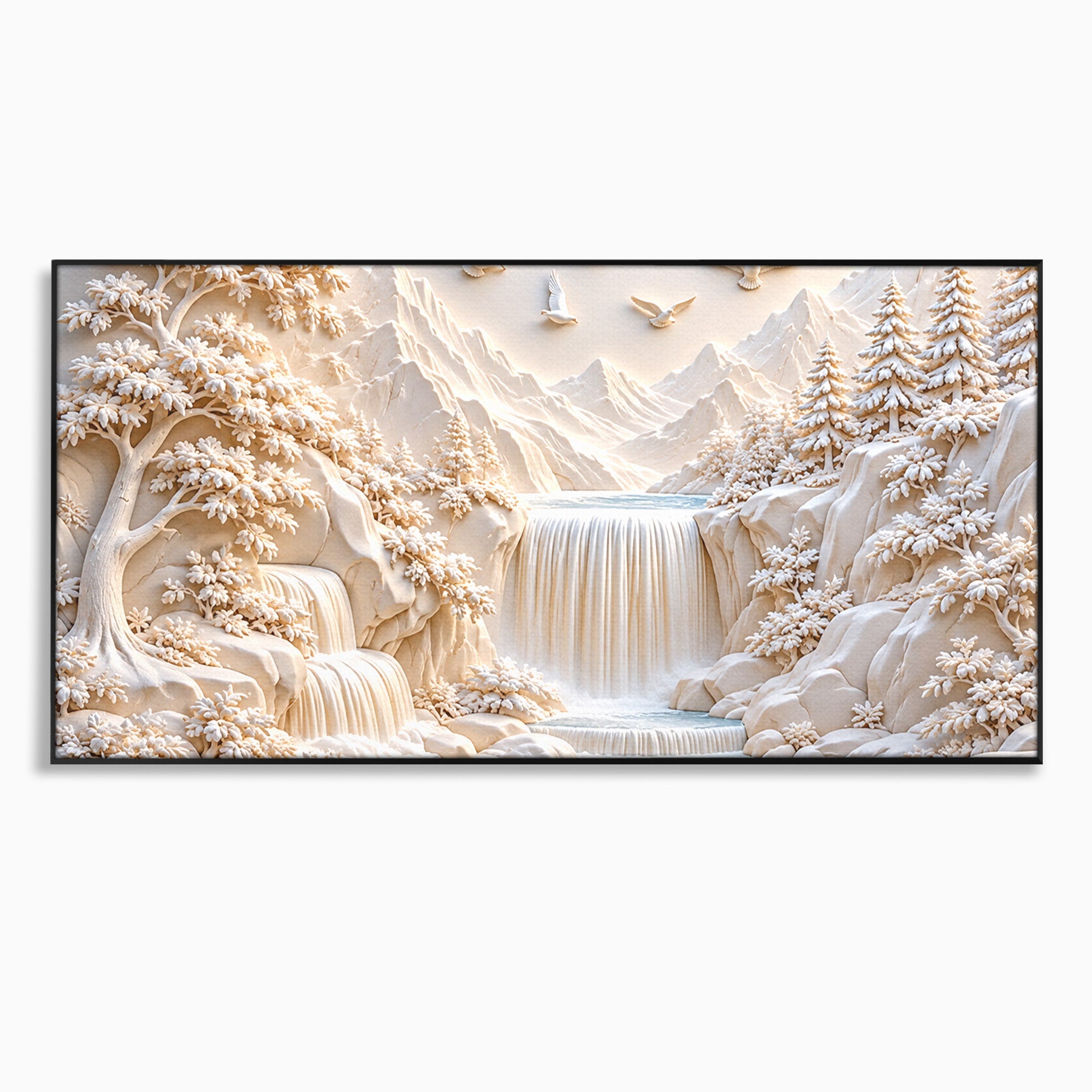Tablou Canvas Premium LuxCanva® U1174, Peisaj Alpin Serafic, Cascada, Munti, Natura, Pasari, Peisaj, Living, Culori Vibrante