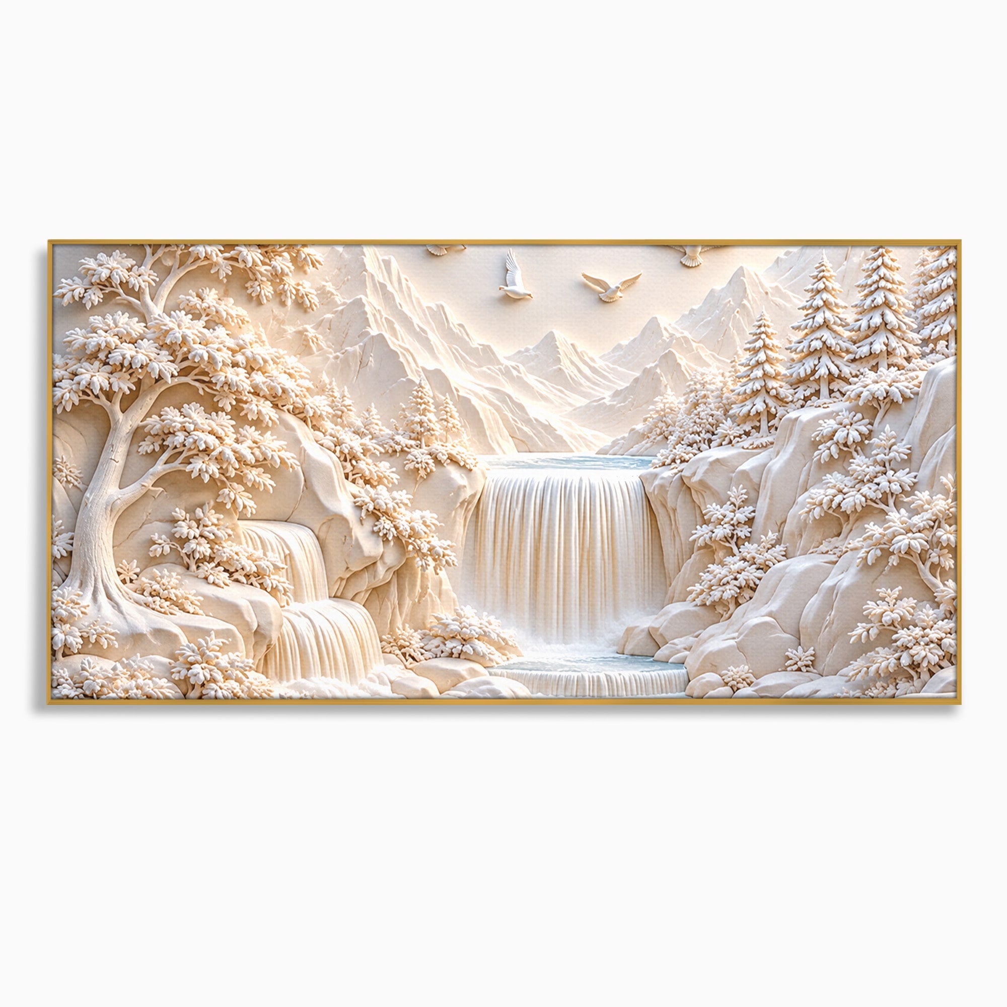 Tablou Canvas Premium LuxCanva® U1174, Peisaj Alpin Serafic, Cascada, Munti, Natura, Pasari, Peisaj, Living, Culori Vibrante