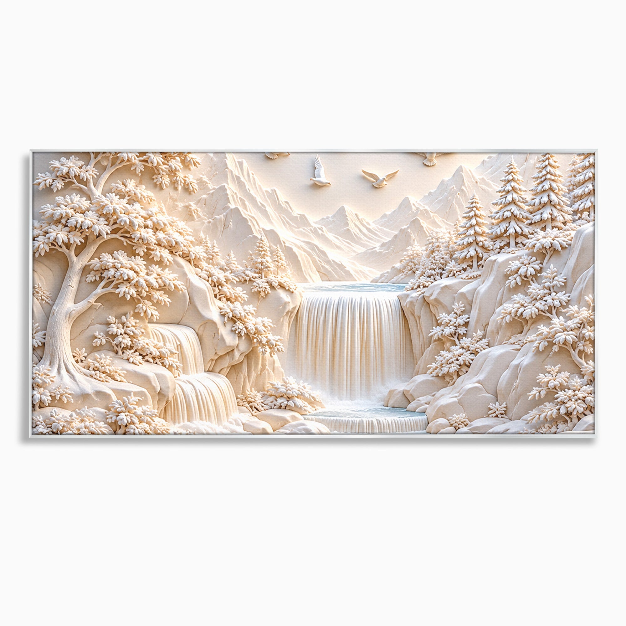 Tablou Canvas Premium LuxCanva® U1174, Peisaj Alpin Serafic, Cascada, Munti, Natura, Pasari, Peisaj, Living, Culori Vibrante