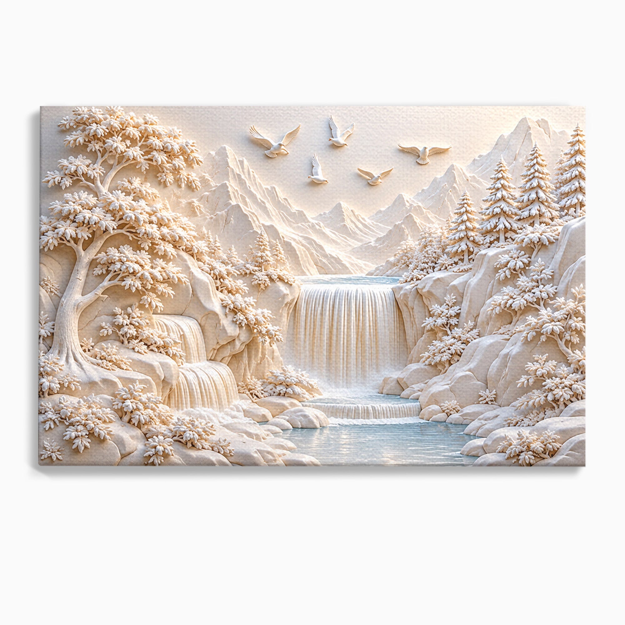Tablou Canvas Premium LuxCanva® U1174, Peisaj Alpin Serafic, Cascada, Munti, Natura, Pasari, Peisaj, Living, Culori Vibrante
