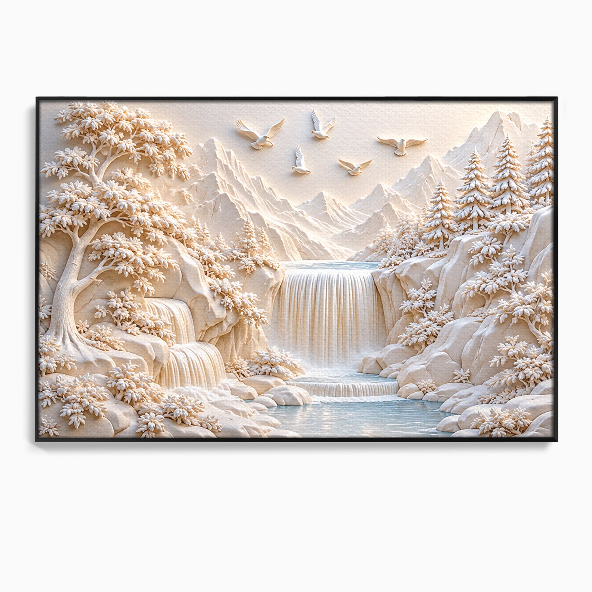 Tablou Canvas Premium LuxCanva® U1174, Peisaj Alpin Serafic, Cascada, Munti, Natura, Pasari, Peisaj, Living, Culori Vibrante