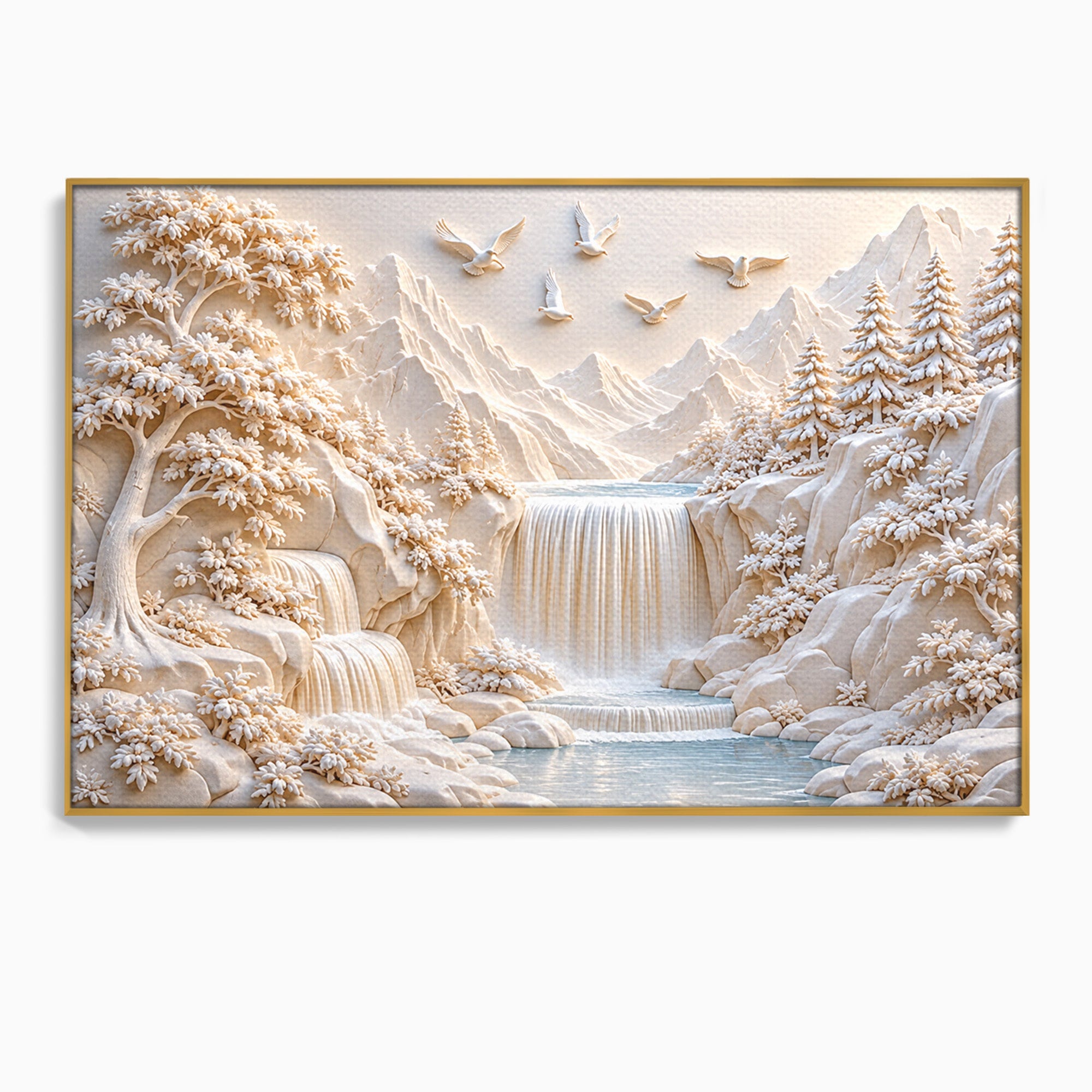 Tablou Canvas Premium LuxCanva® U1174, Peisaj Alpin Serafic, Cascada, Munti, Natura, Pasari, Peisaj, Living, Culori Vibrante