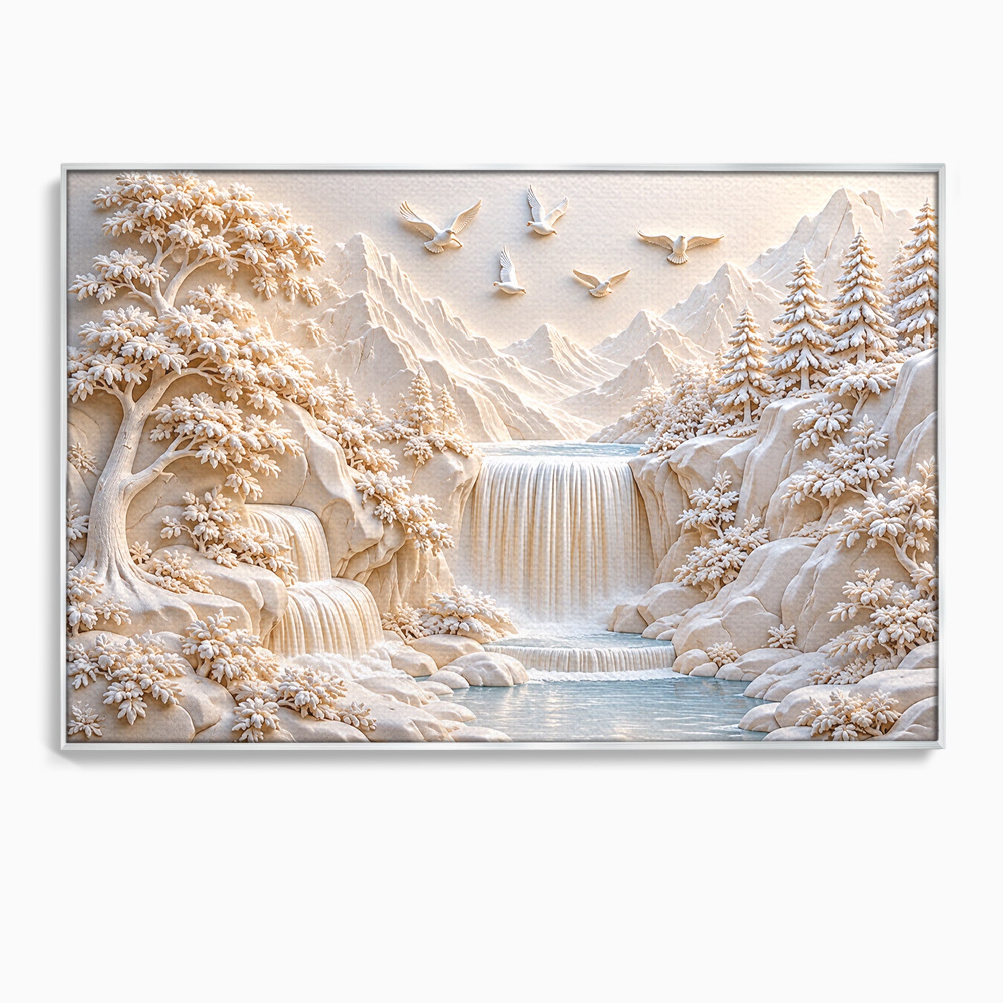 Tablou Canvas Premium LuxCanva® U1174, Peisaj Alpin Serafic, Cascada, Munti, Natura, Pasari, Peisaj, Living, Culori Vibrante
