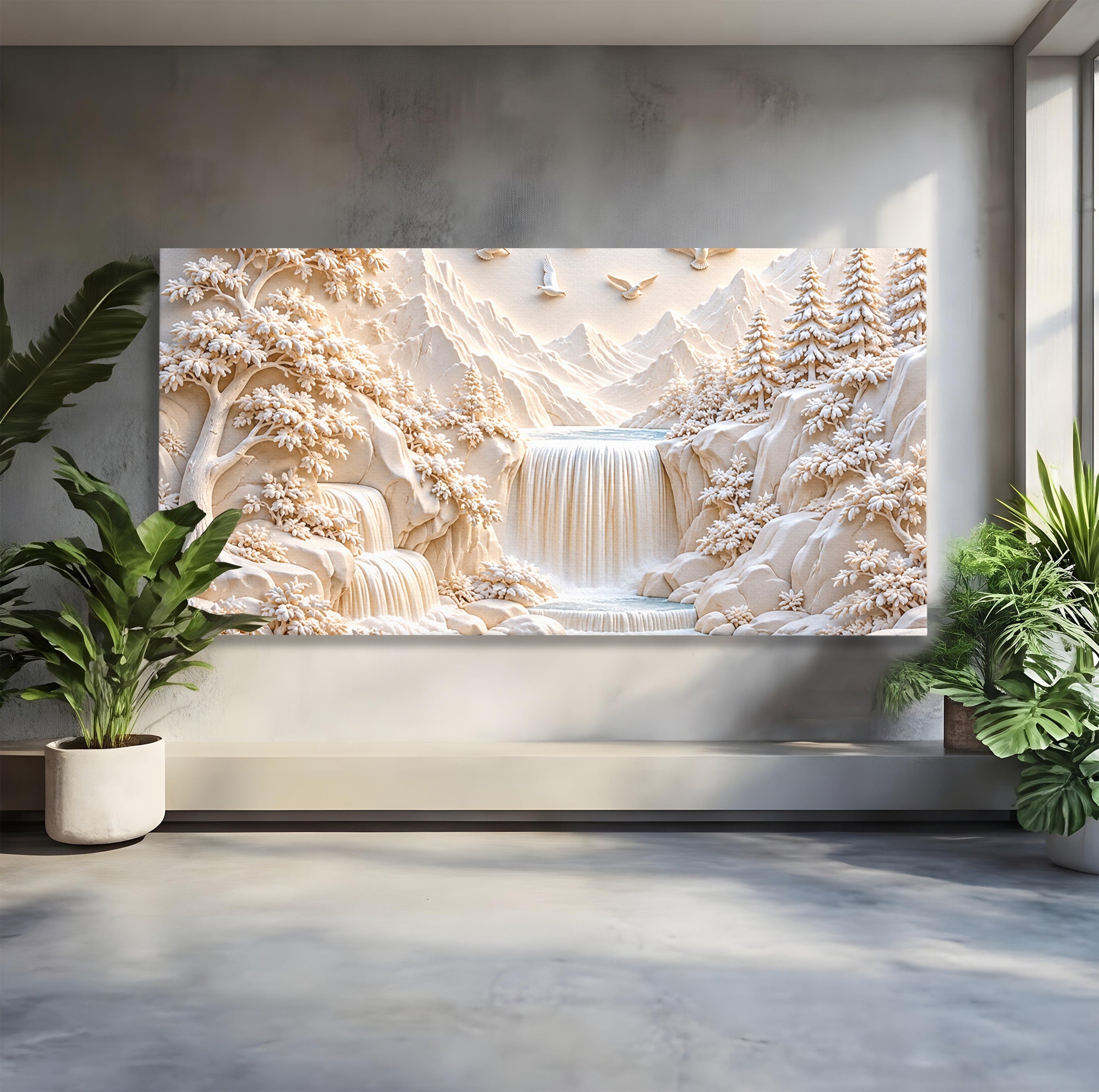 Tablou Canvas Premium LuxCanva® U1174, Peisaj Alpin Serafic, Cascada, Munti, Natura, Pasari, Peisaj, Living, Culori Vibrante
