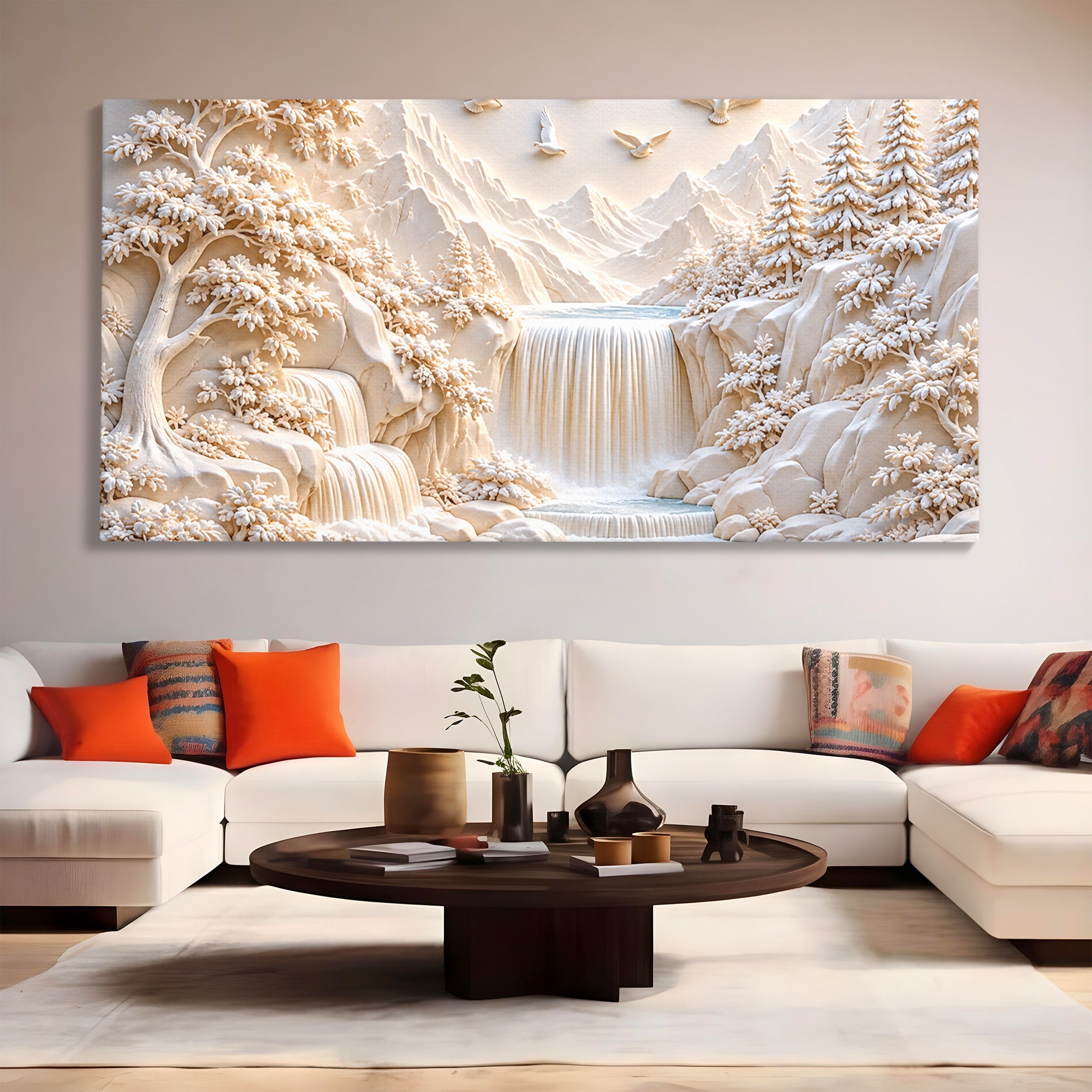 Tablou Canvas Premium LuxCanva® U1174, Peisaj Alpin Serafic, Cascada, Munti, Natura, Pasari, Peisaj, Living, Culori Vibrante
