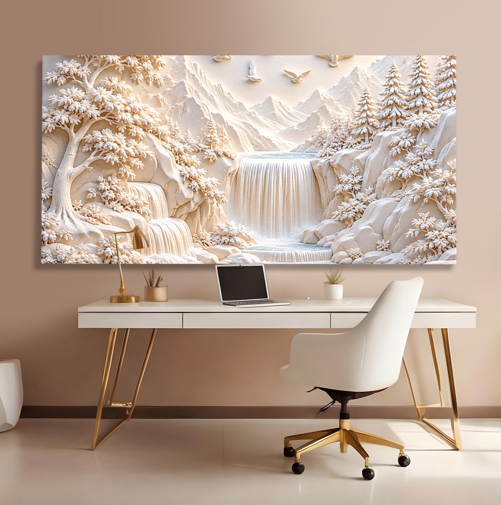 Tablou Canvas Premium LuxCanva® U1174, Peisaj Alpin Serafic, Cascada, Munti, Natura, Pasari, Peisaj, Living, Culori Vibrante