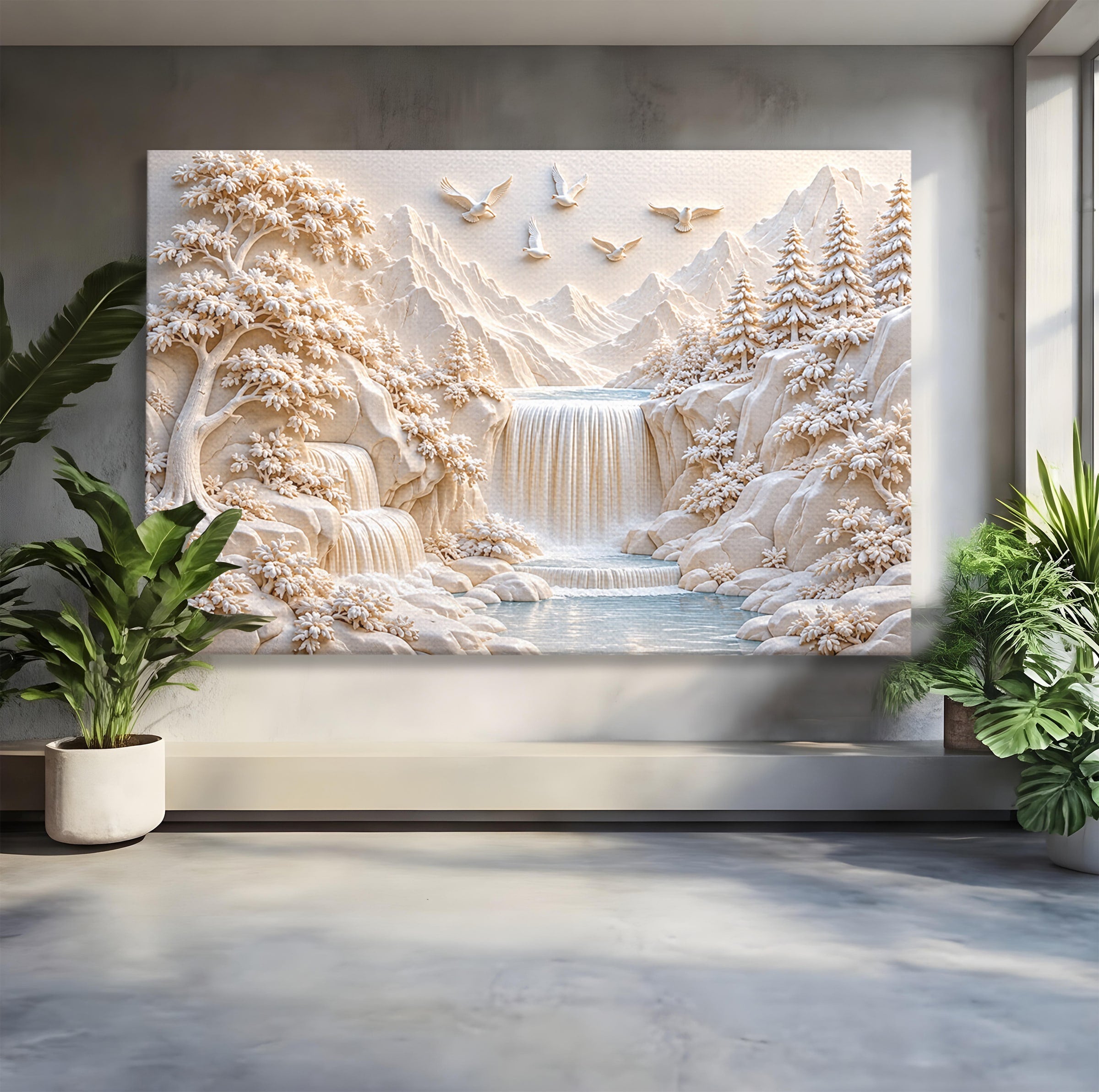 Tablou Canvas Premium LuxCanva® U1174, Peisaj Alpin Serafic, Cascada, Munti, Natura, Pasari, Peisaj, Living, Culori Vibrante