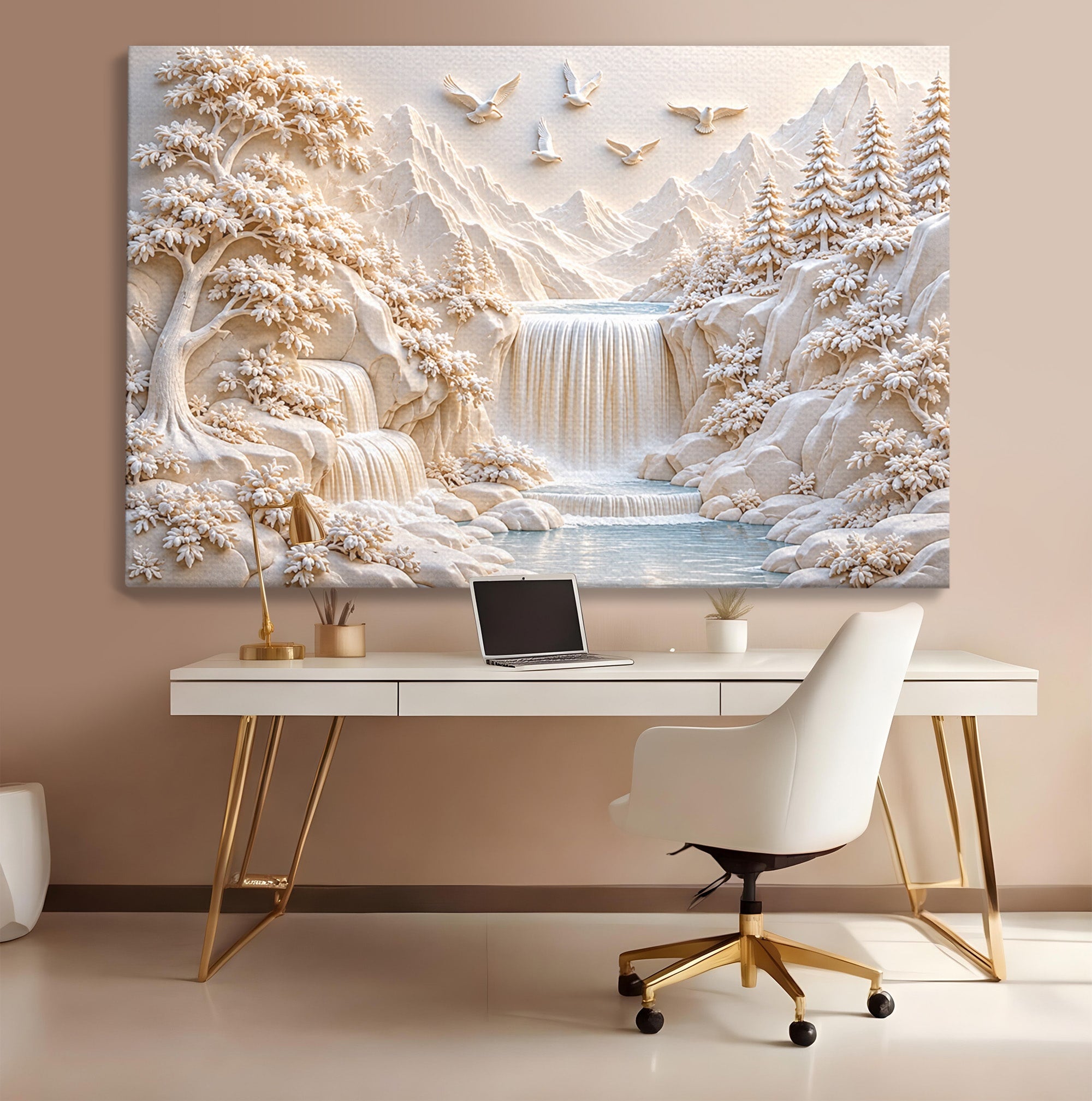 Tablou Canvas Premium LuxCanva® U1174, Peisaj Alpin Serafic, Cascada, Munti, Natura, Pasari, Peisaj, Living, Culori Vibrante