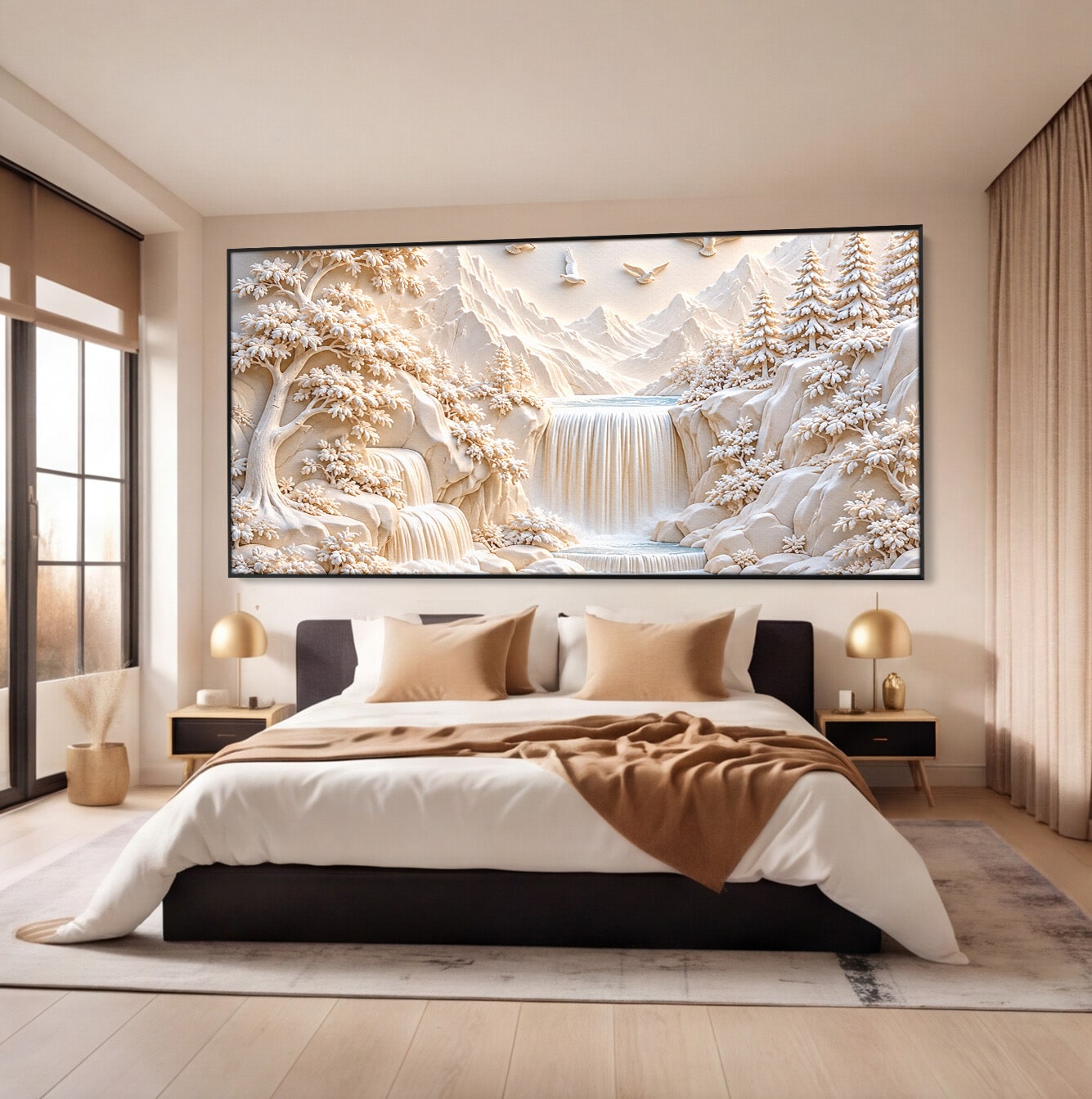 Tablou Canvas Premium LuxCanva® U1174, Peisaj Alpin Serafic, Cascada, Munti, Natura, Pasari, Peisaj, Living, Culori Vibrante