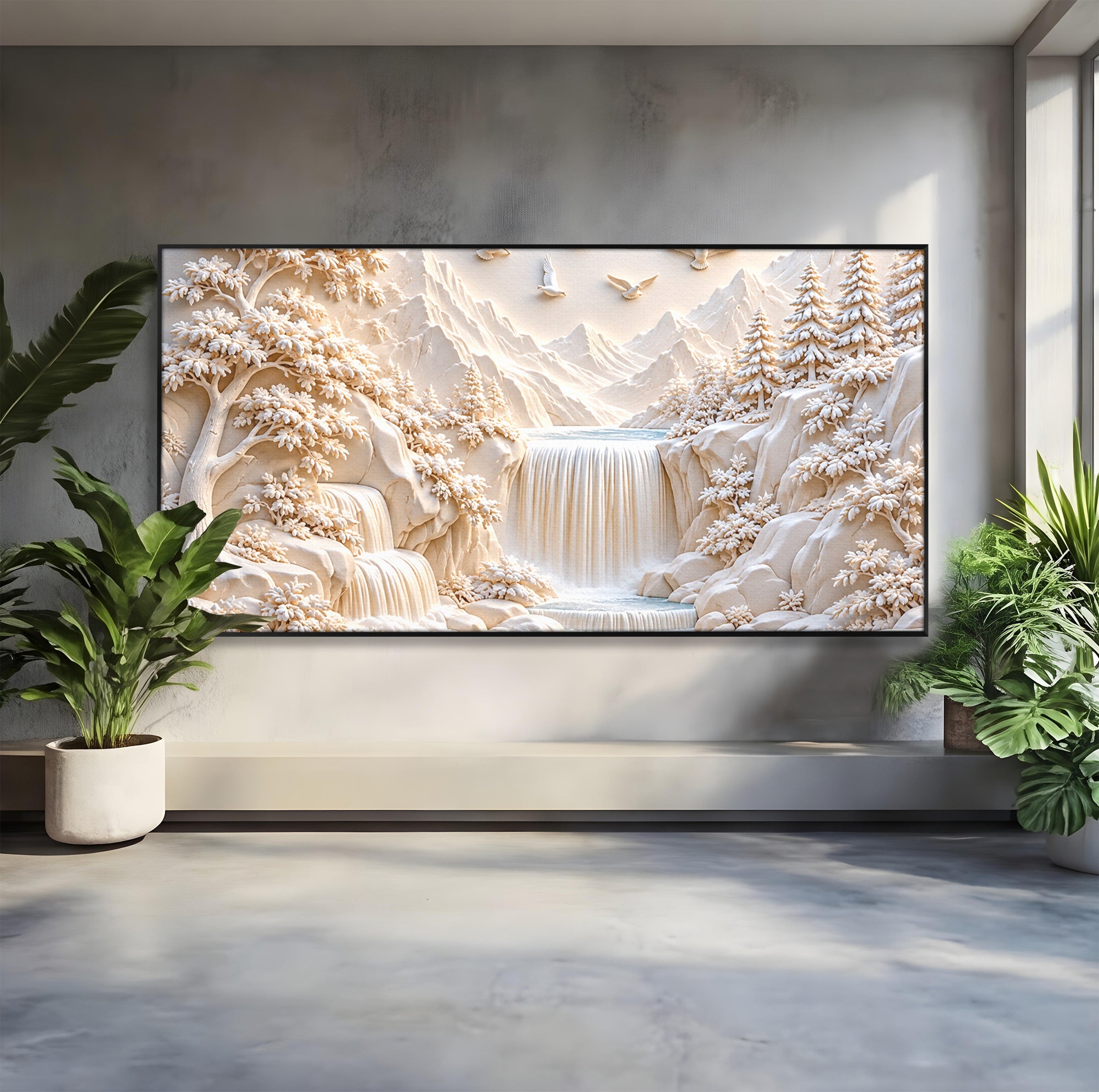 Tablou Canvas Premium LuxCanva® U1174, Peisaj Alpin Serafic, Cascada, Munti, Natura, Pasari, Peisaj, Living, Culori Vibrante