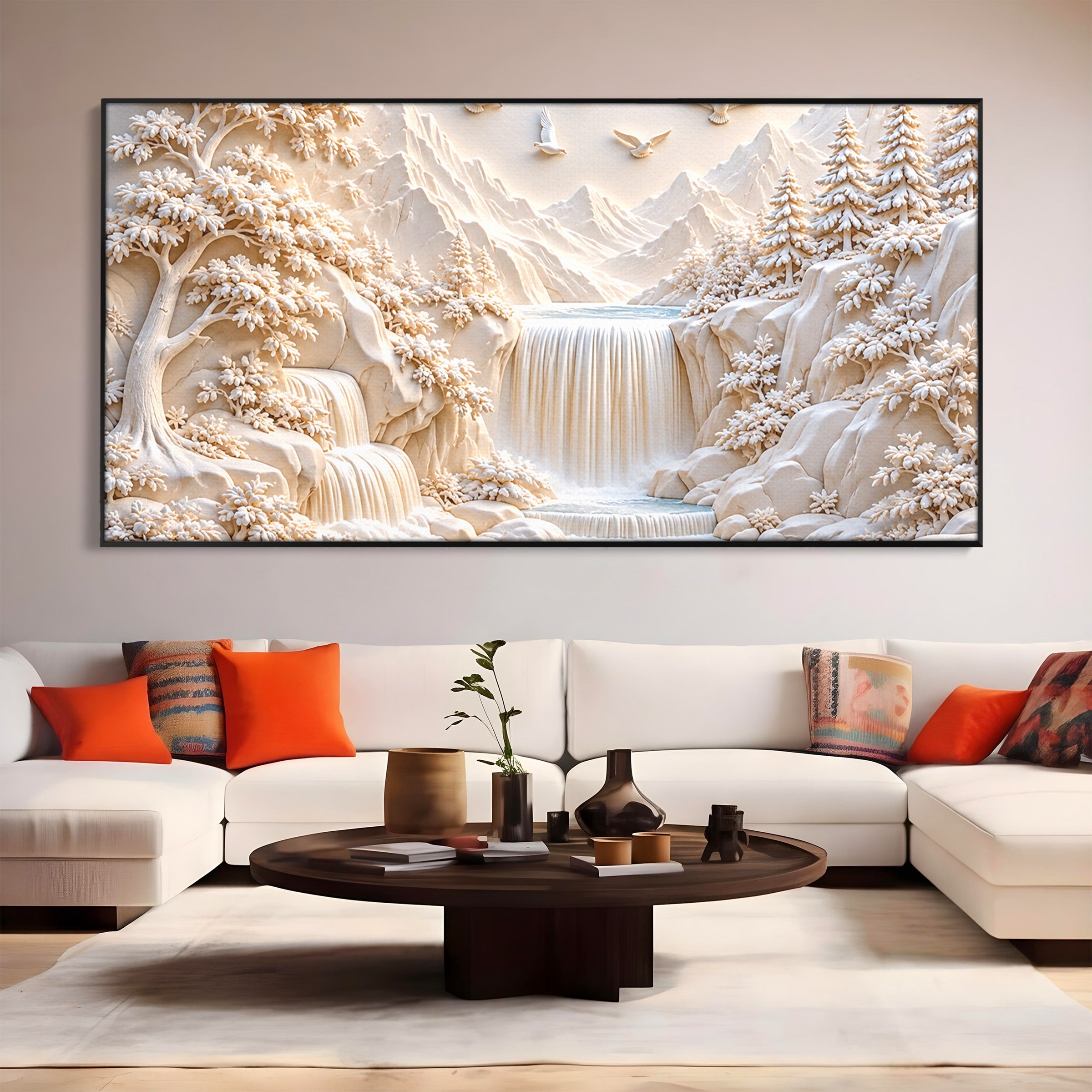 Tablou Canvas Premium LuxCanva® U1174, Peisaj Alpin Serafic, Cascada, Munti, Natura, Pasari, Peisaj, Living, Culori Vibrante