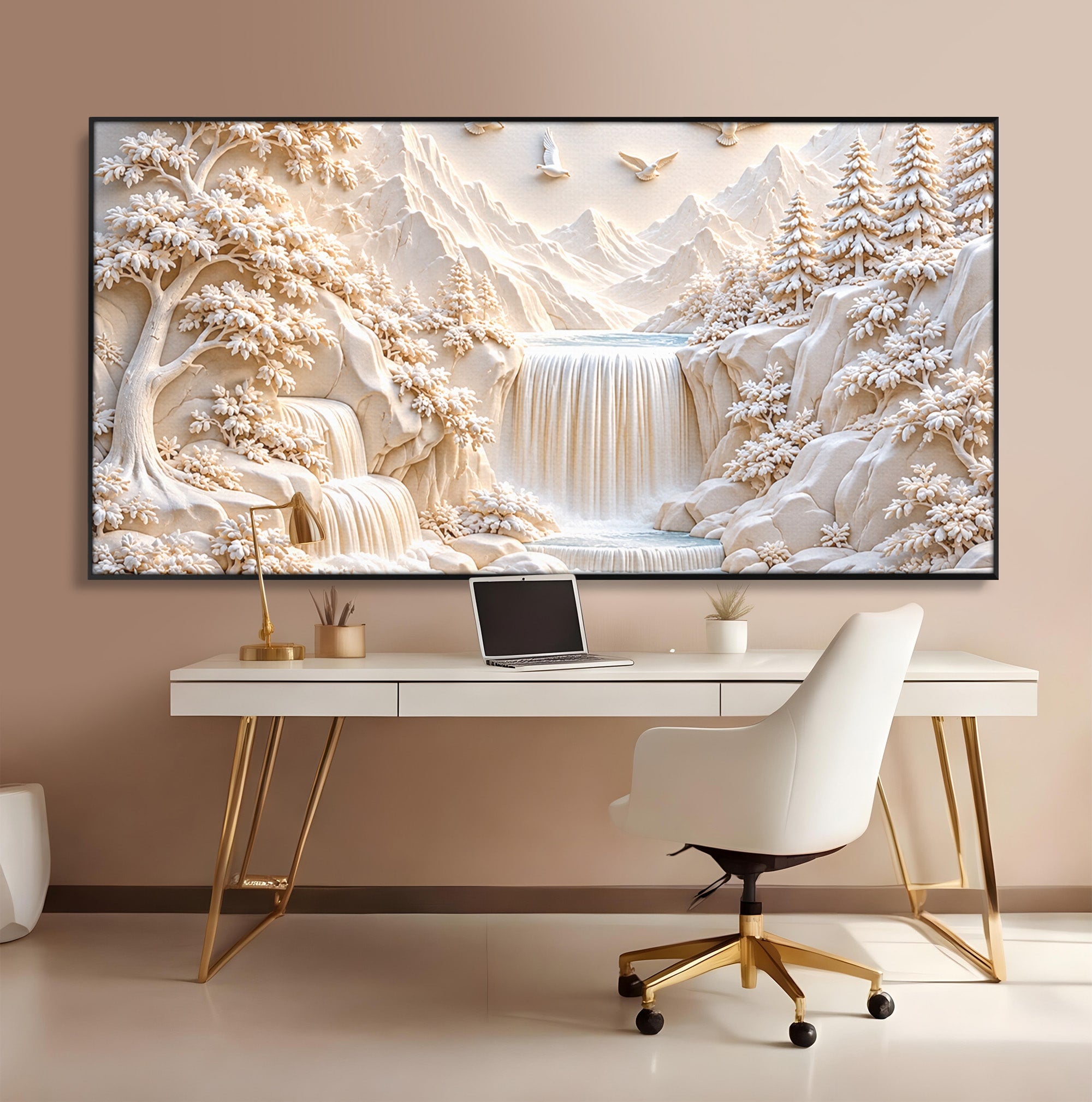 Tablou Canvas Premium LuxCanva® U1174, Peisaj Alpin Serafic, Cascada, Munti, Natura, Pasari, Peisaj, Living, Culori Vibrante