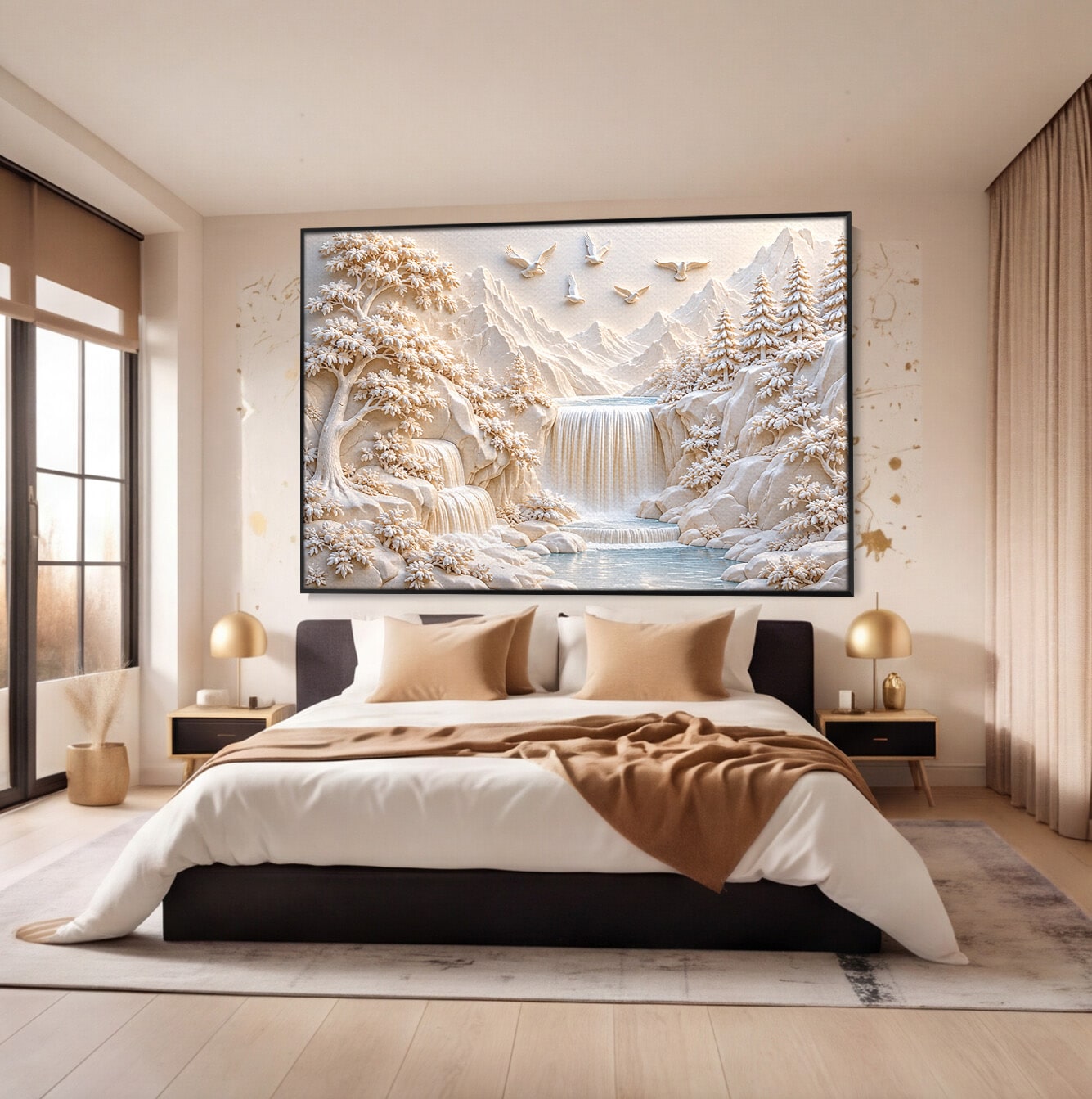 Tablou Canvas Premium LuxCanva® U1174, Peisaj Alpin Serafic, Cascada, Munti, Natura, Pasari, Peisaj, Living, Culori Vibrante