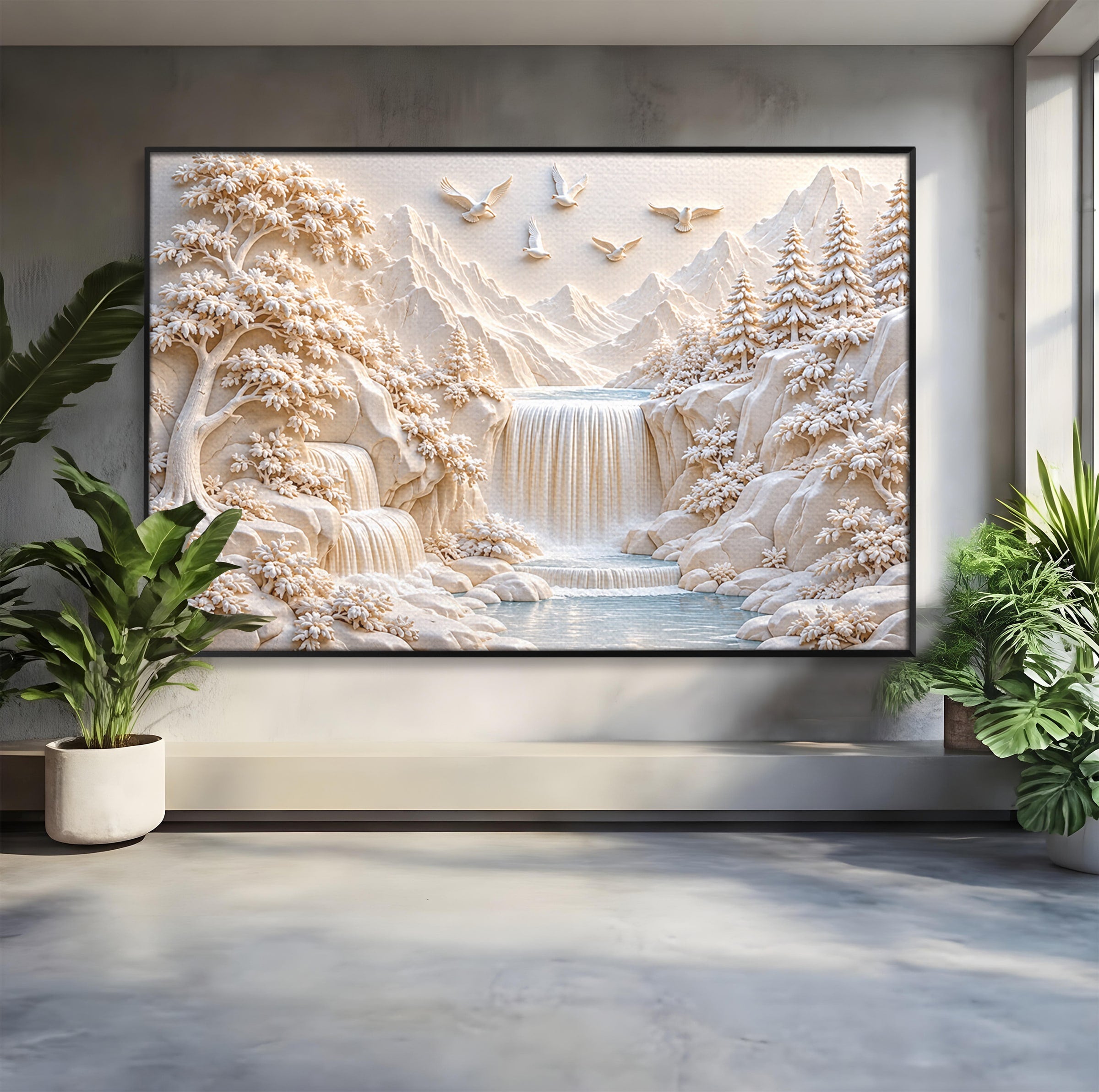 Tablou Canvas Premium LuxCanva® U1174, Peisaj Alpin Serafic, Cascada, Munti, Natura, Pasari, Peisaj, Living, Culori Vibrante